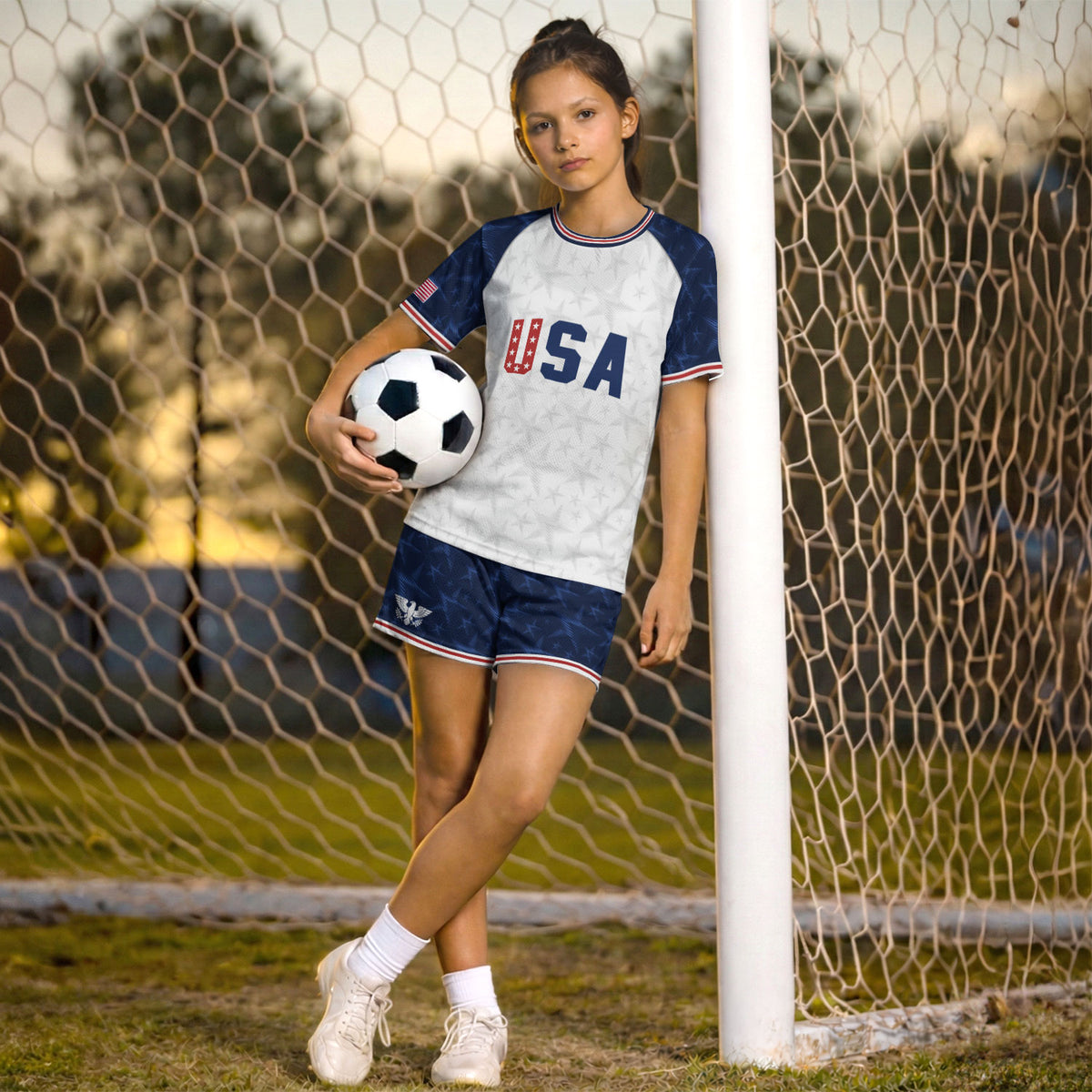 USA Kids Soccer Jersey Youth White Blue Raglan Patriotic Stars Eagle Football Shirt - Rust Field Wear
