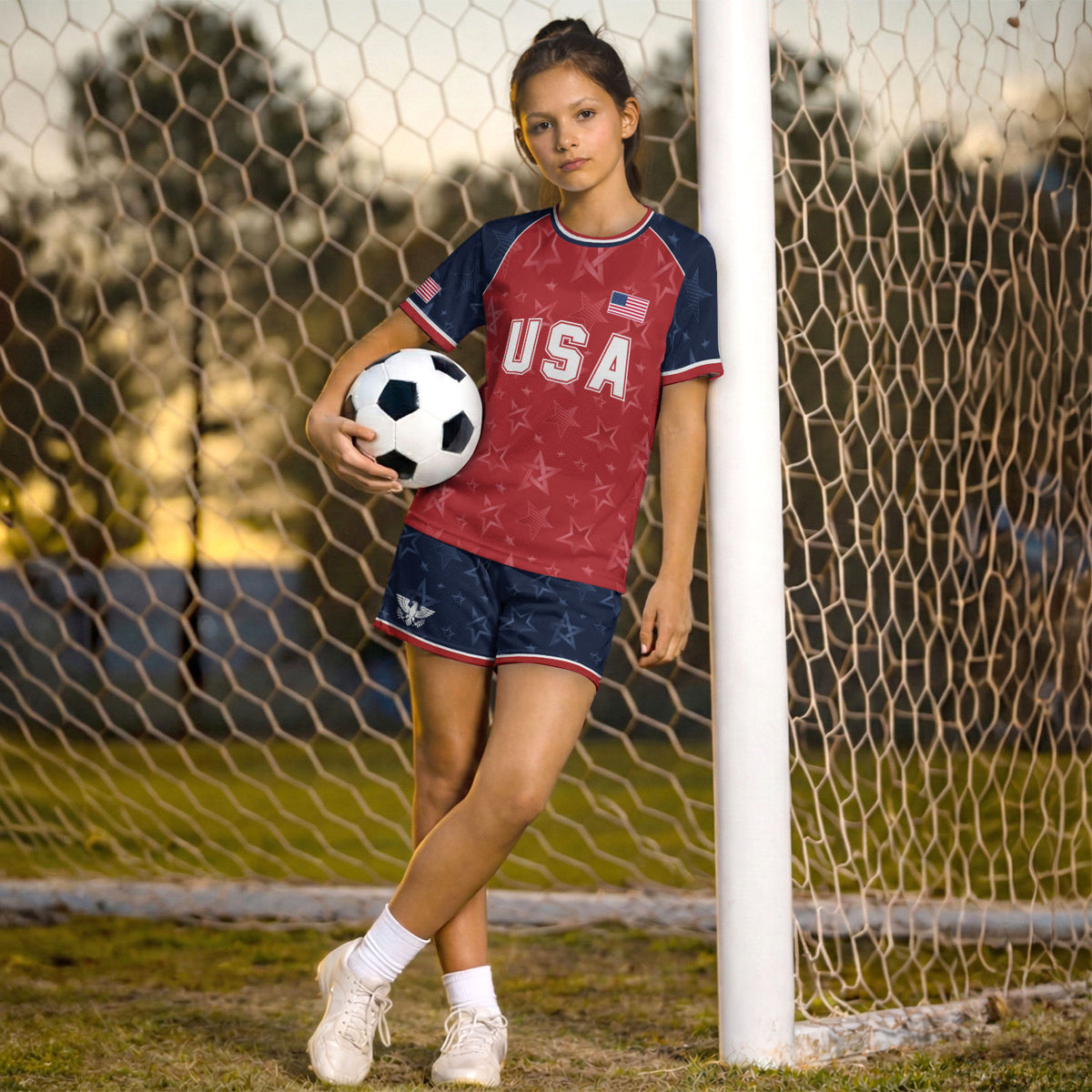 USA Kids Soccer Jersey Youth Red Blue Raglan Patriotic Stars Eagle Football Shirt - Rust Field Wear