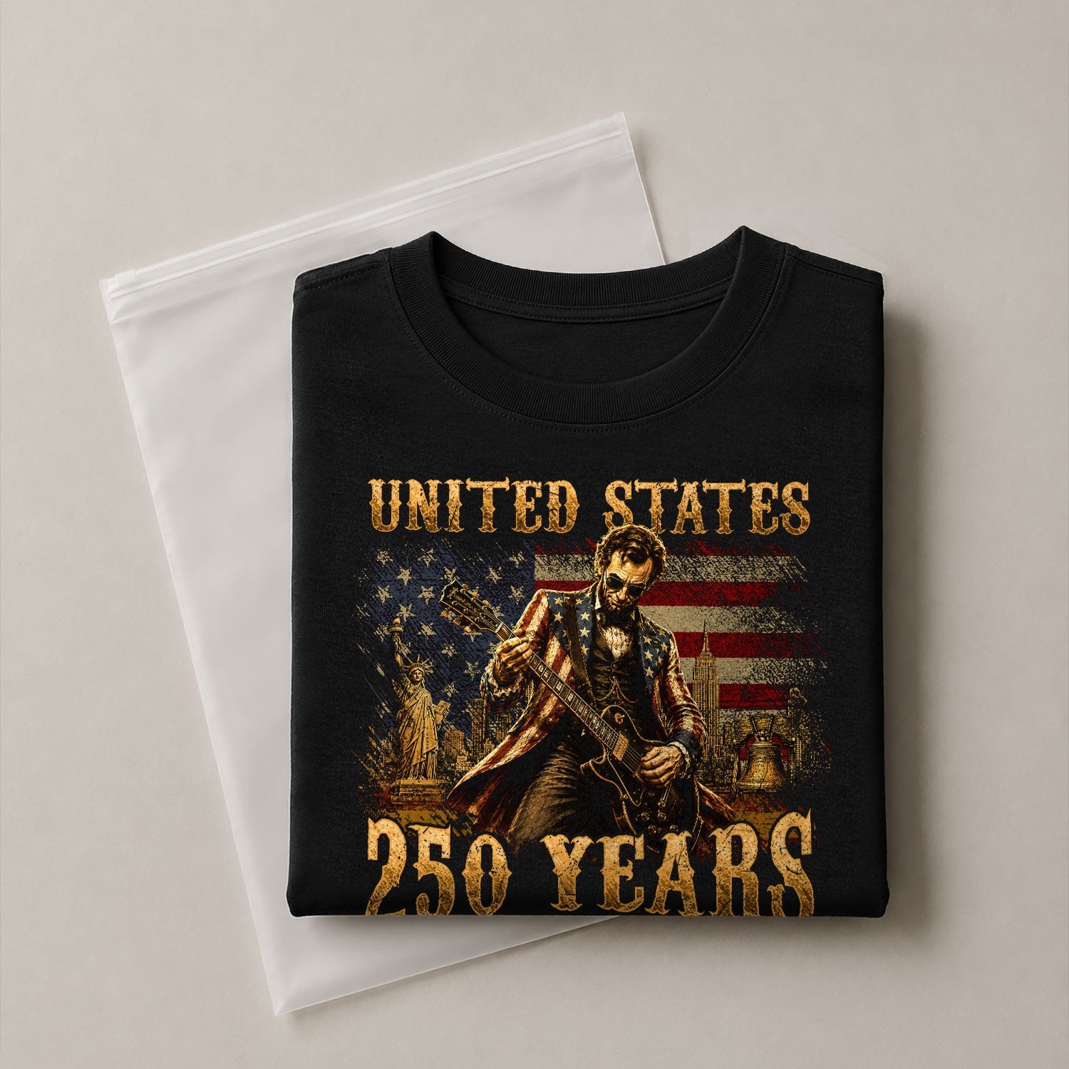 Abraham Lincoln T-Shirt Playing Guitar 1776 2026 Patriotic Statue Liberty Graphic Tee - Rust Field Wear