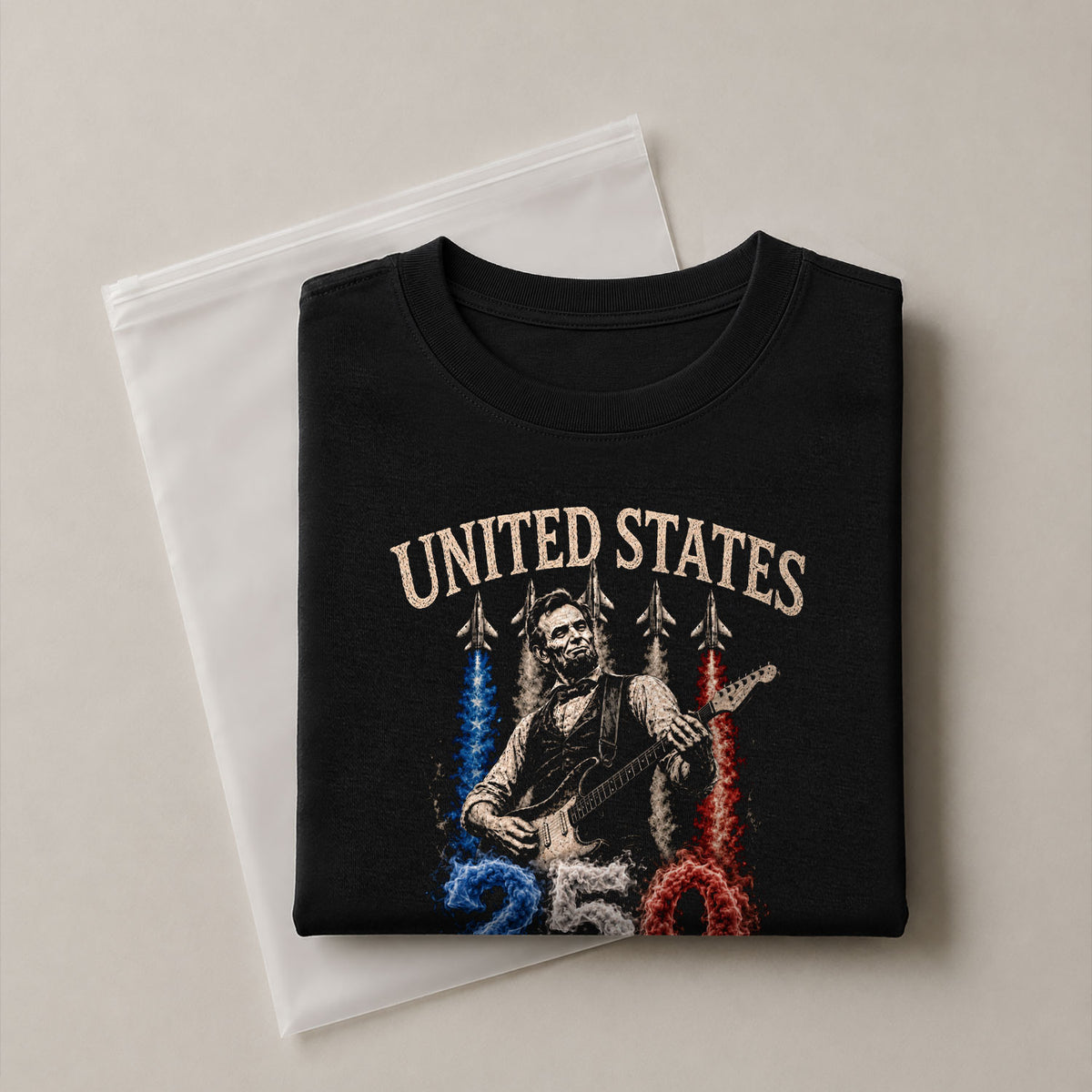 Mens T Shirt Patriotic Abraham Lincoln Guitar 1776-2026 250 Years Fighter Jet Rock Tee - Rust Field Wear