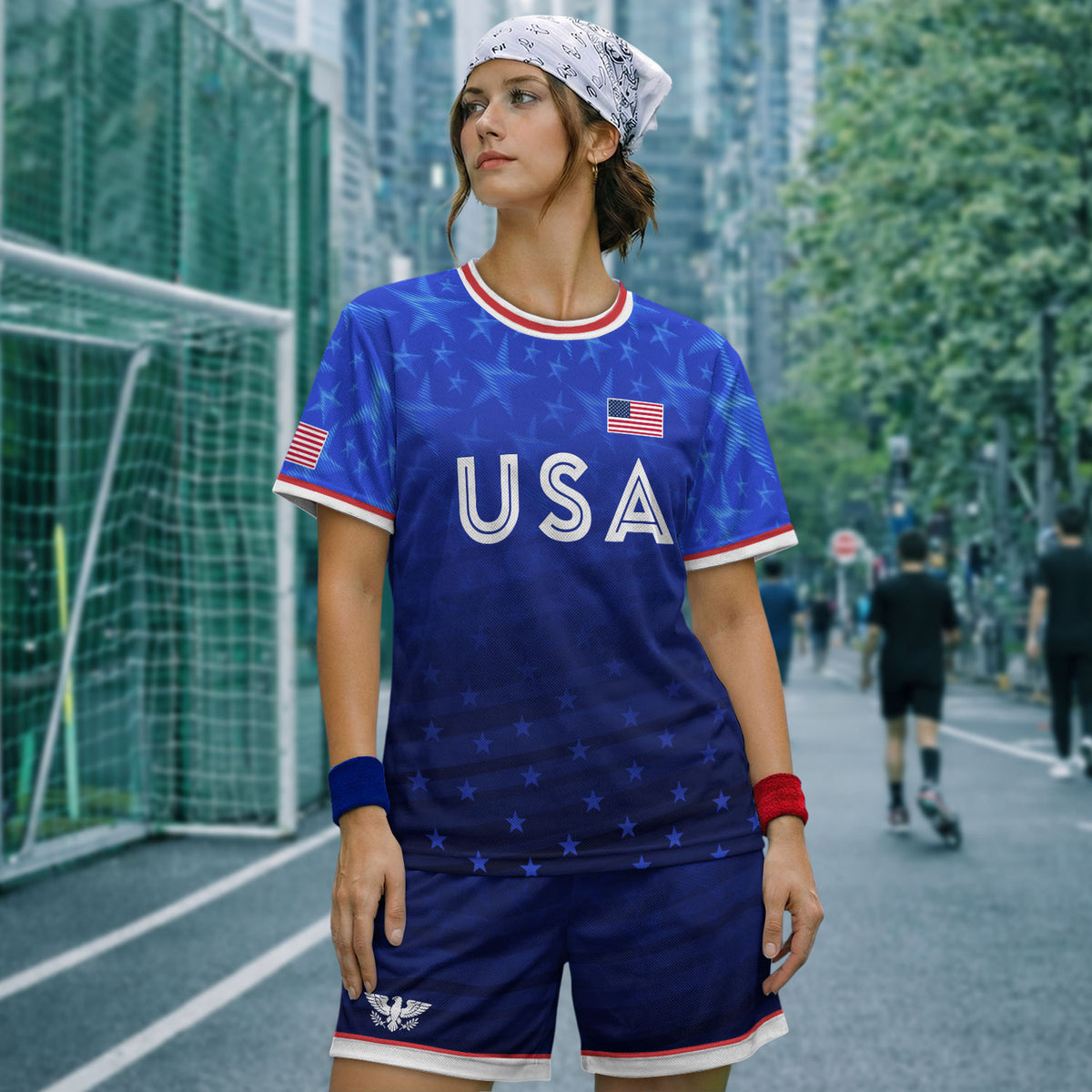 USA Soccer Jersey Adult Blue Patriotic Stars Shirt American Football Team Tee