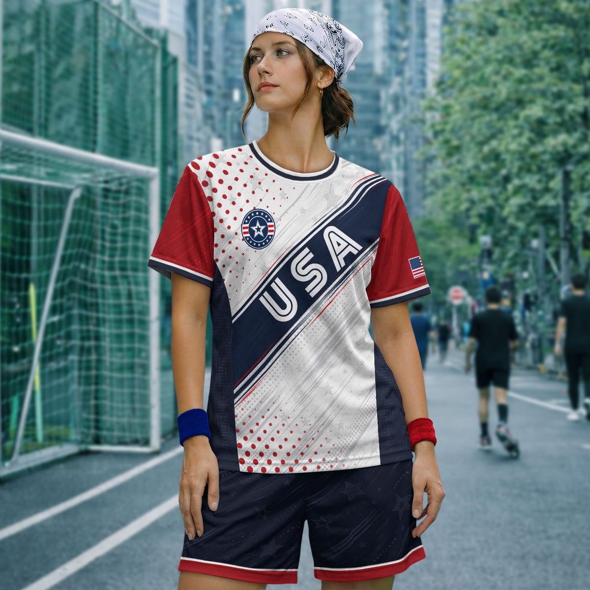 Adult USA Soccer Jersey White Navy Patriotic Diagonal Sash Polka Dot United States Tee - Rust Field Wear