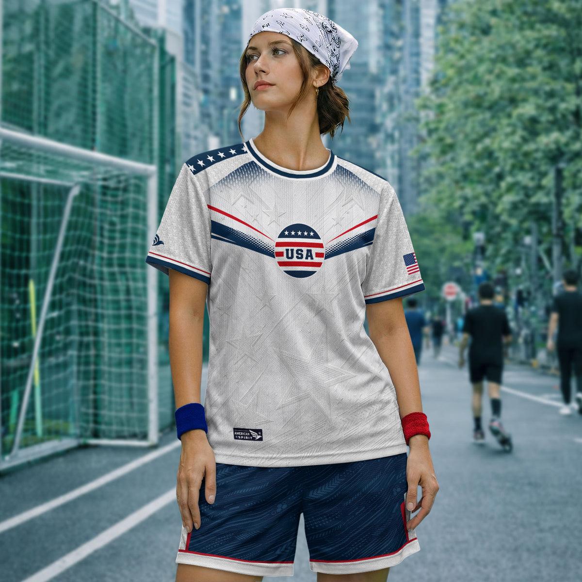 Adult USA Soccer Jersey Patriotic White Flag Pattern Lettering United States Fan Shirt - Rust Field Wear
