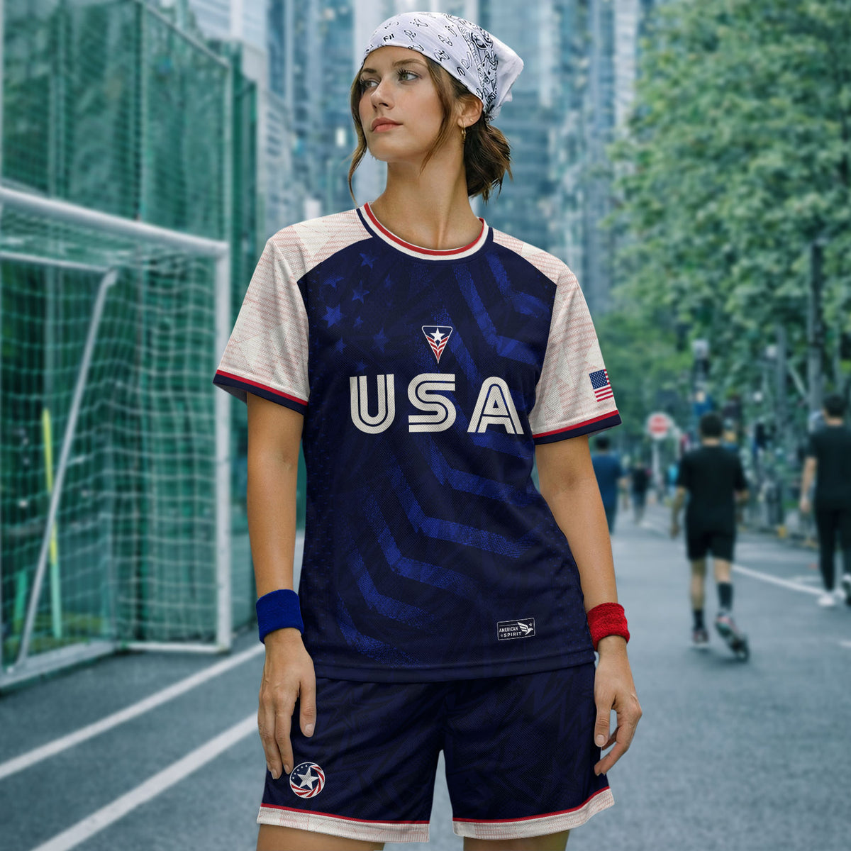 Adult USA Soccer Jersey Navy Blue Patriotic Big Chevron Graphic United States Fan Shirt - Rust Field Wear