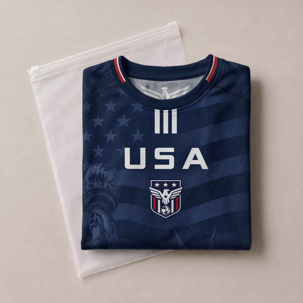 Adult USA Soccer Jersey Navy Patriotic Statue of Liberty Artistic Graphic Football Tee upsale - Rust Field Wear
