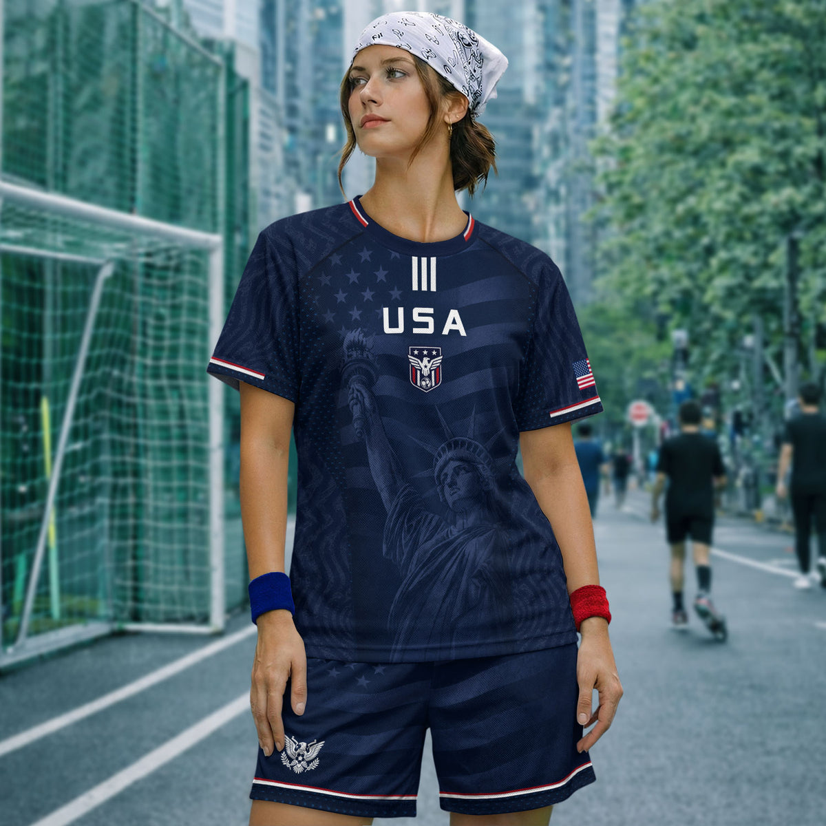 Adult USA Soccer Jersey Navy Patriotic Statue of Liberty Artistic Graphic Football Tee - Rust Field Wear