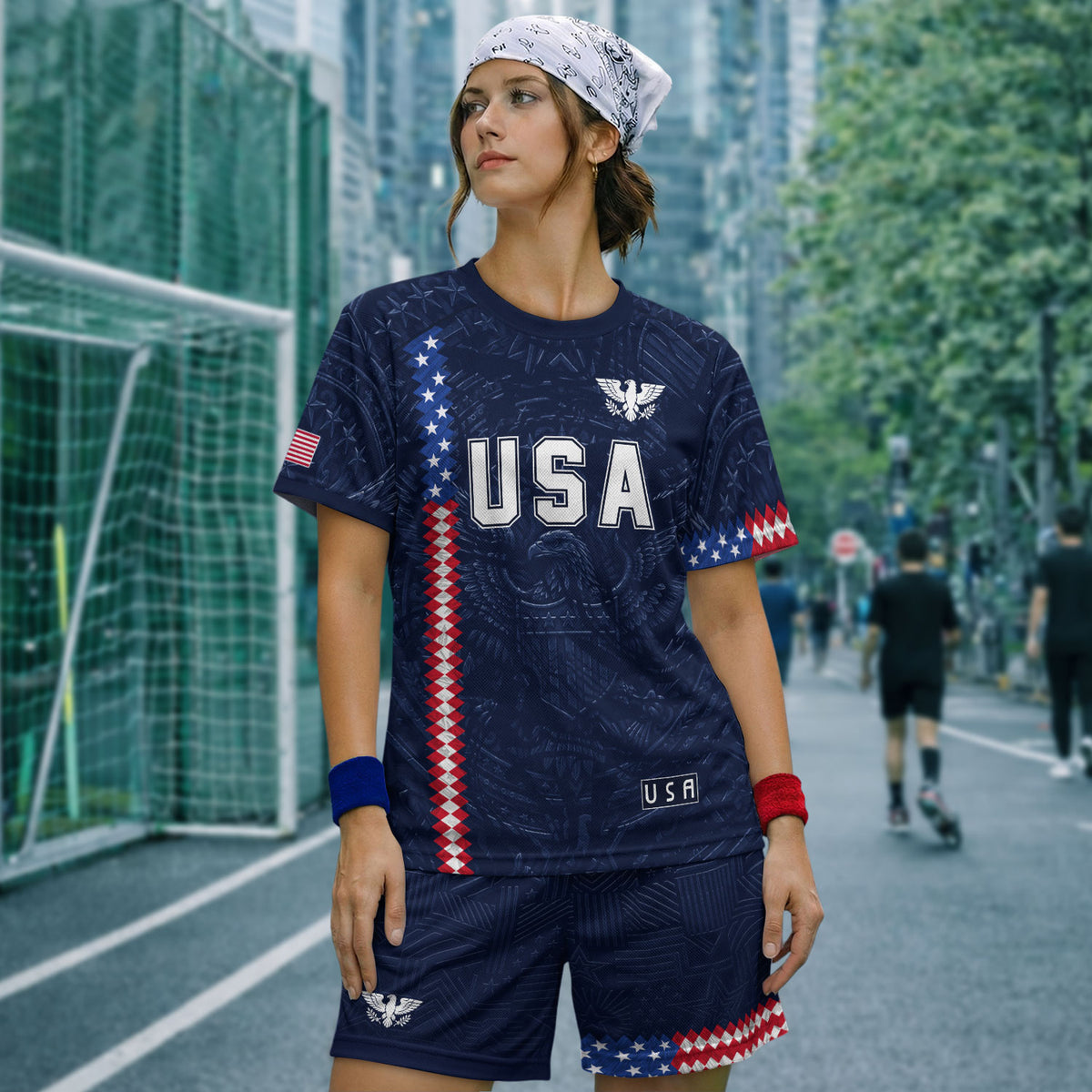 USA Soccer Jersey Men Navy Blue Eagle Flag Pattern Patriotic Football Shirt