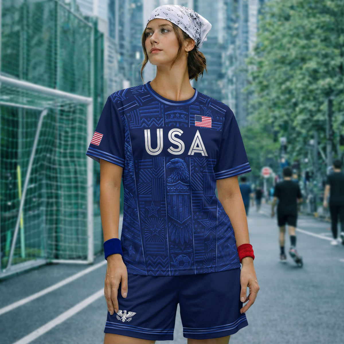 USA Soccer Jersey Men Navy Blue Eagle Star Pattern Patriotic Football T-Shirt