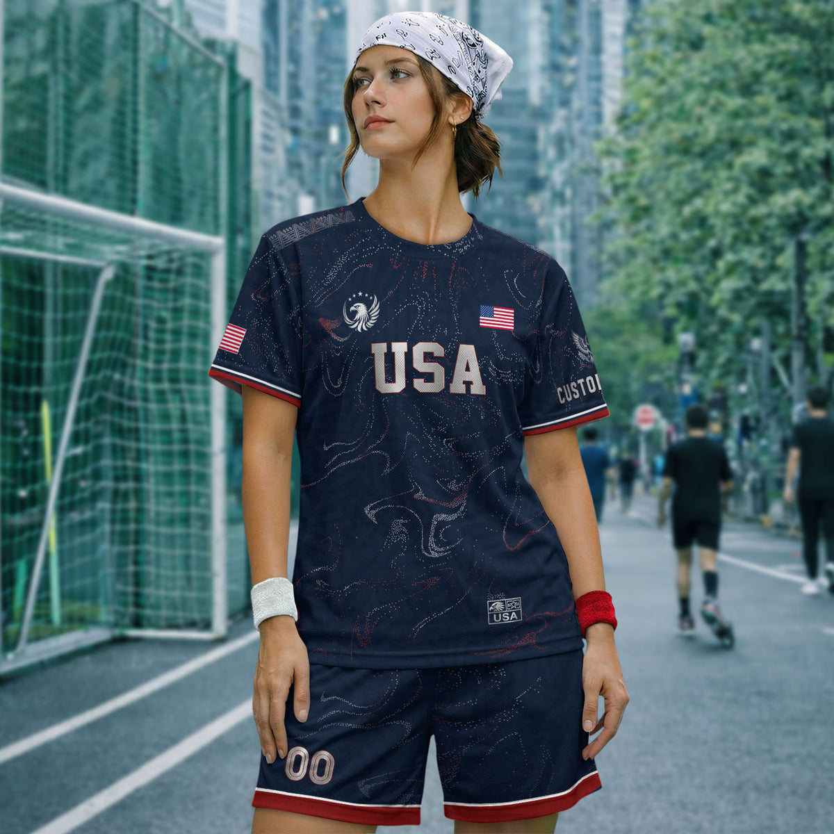 Custom Adult USA Soccer Jersey Navy Blue Patriotic American Flag Marble Football Shirt - Rust Field Wear