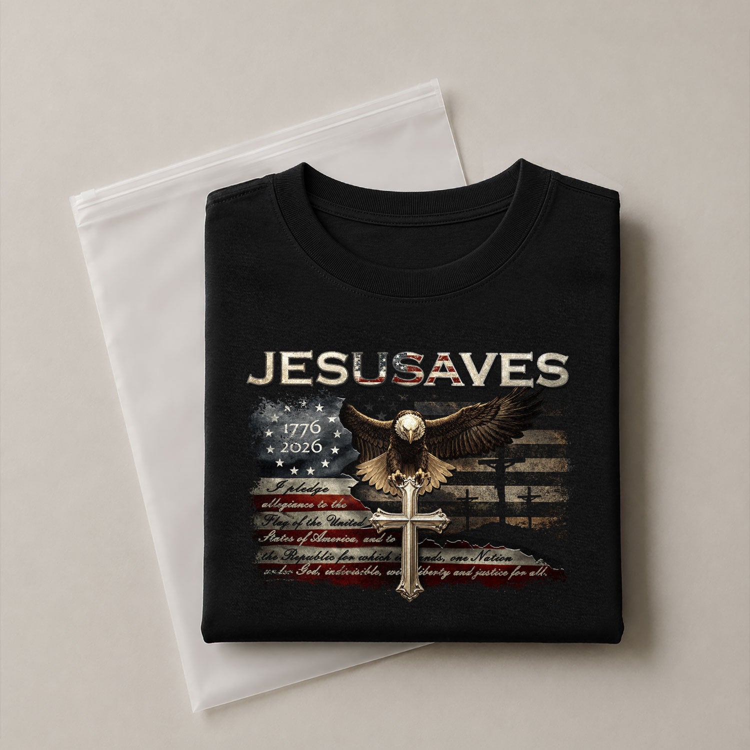 JESUSAVES Graphic T Shirt Patriotic American Eagle Cross Religious Faith Apparel - Rust Field Wear