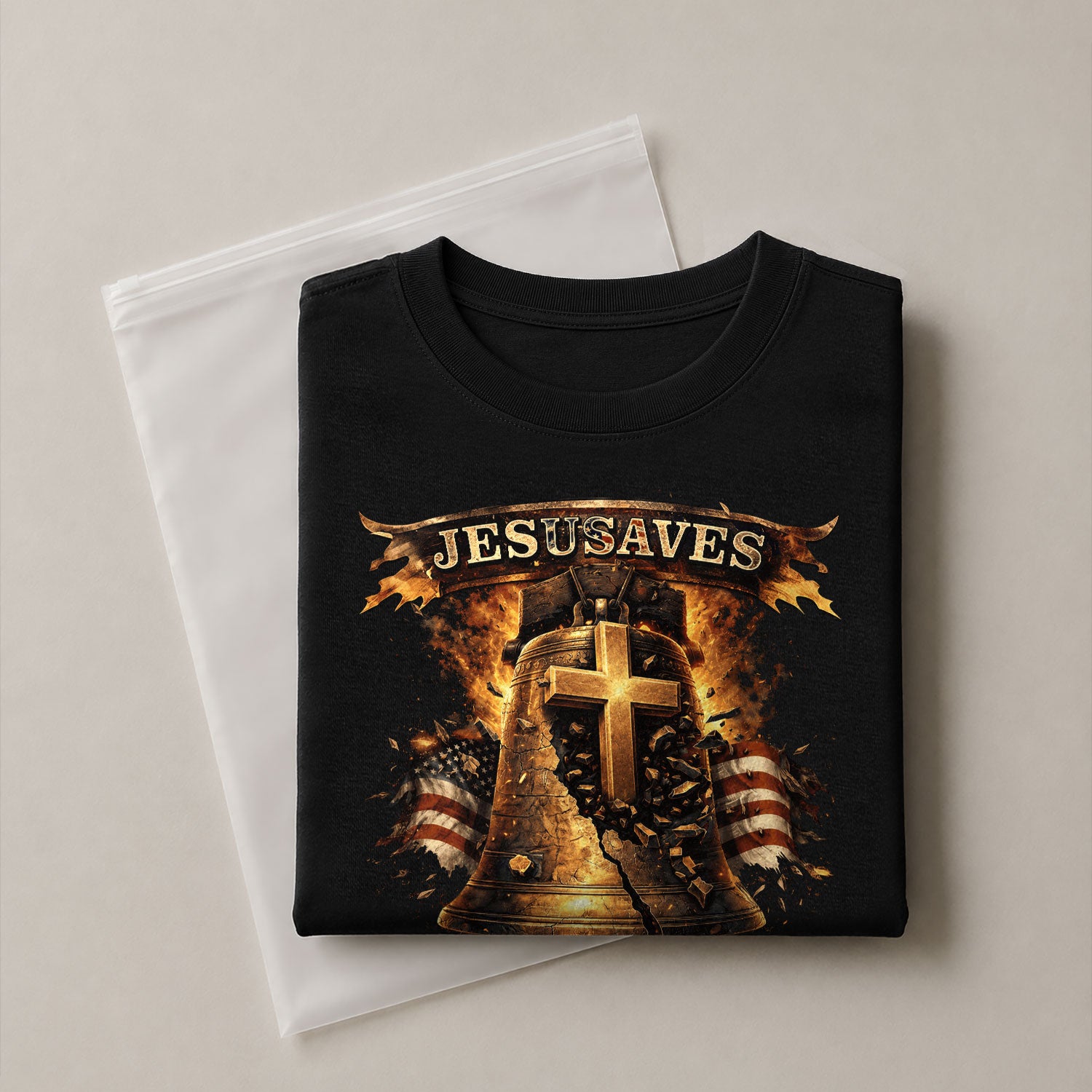 Faith Based JESUSAVES USA Flag Liberty Bell Graphic Tee 1776 to 2026 Commemorative Top - Rust Field Wear