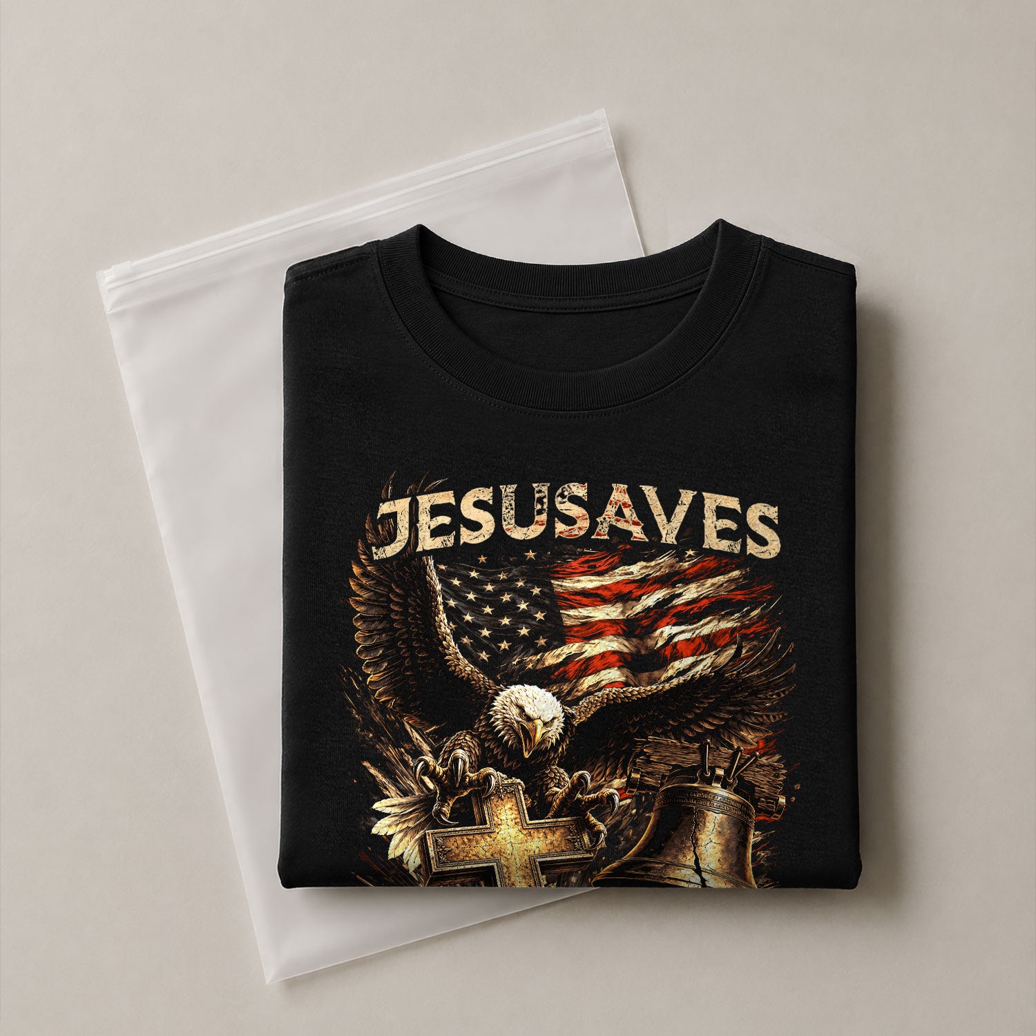 JESUSAVES John 3 16 Patriotic Graphic T Shirt American Eagle Cross Liberty Bell Tee - Rust Field Wear