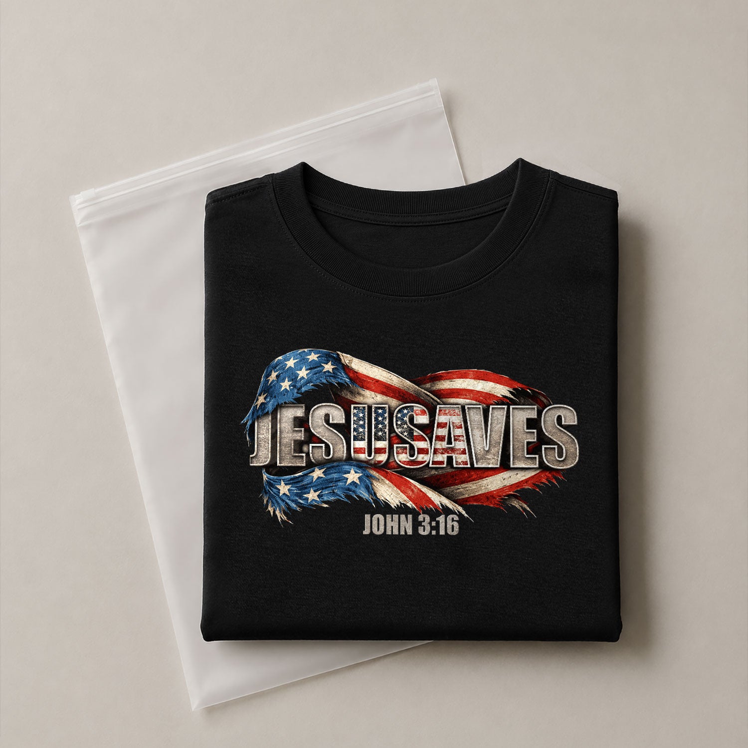 Distressed Flag JESUSAVES Graphic T Shirt John 3 16 Spiritual Patriotic Cotton Top - Rust Field Wear