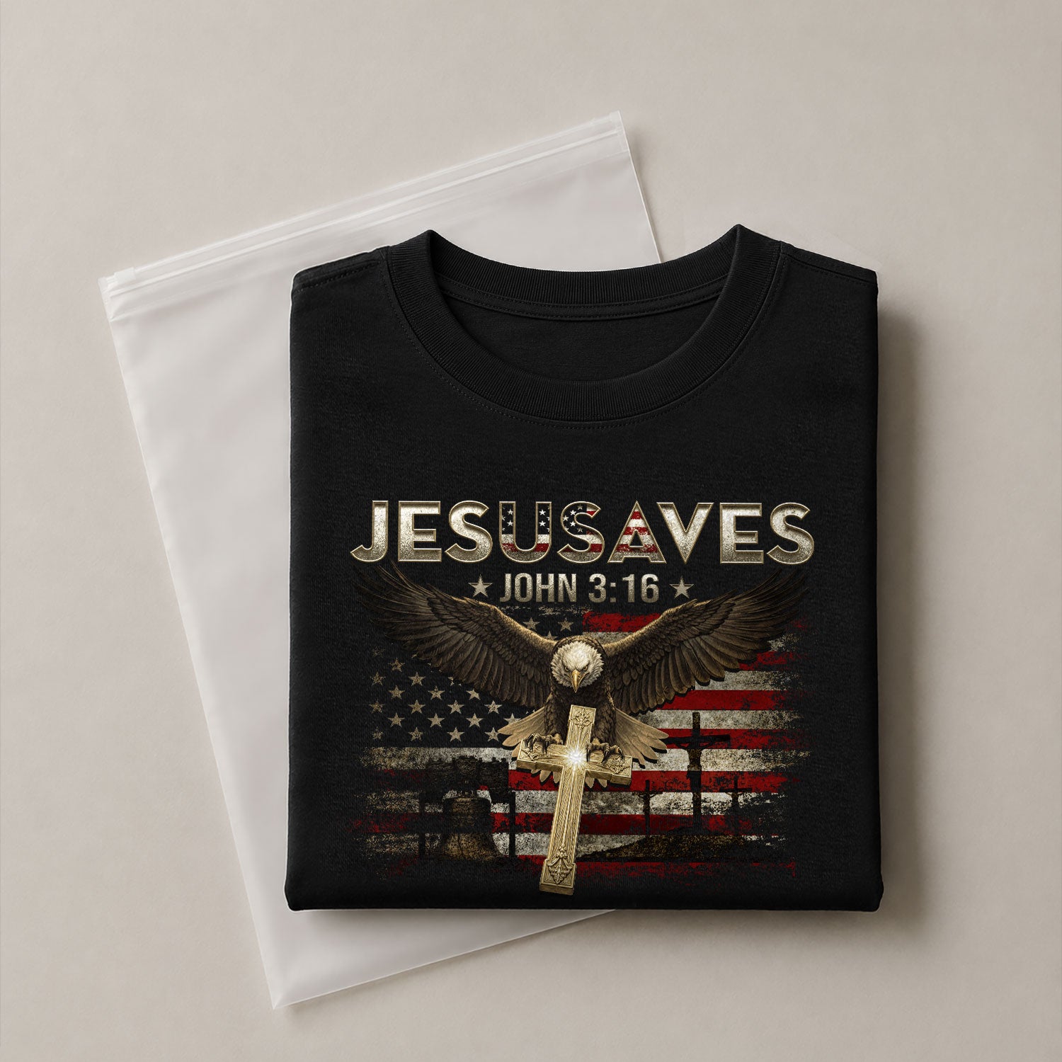 American Eagle JESUSAVES John 3 16 T Shirt Patriotic Religious Faith Graphic Cotton Tee - Rust Field Wear