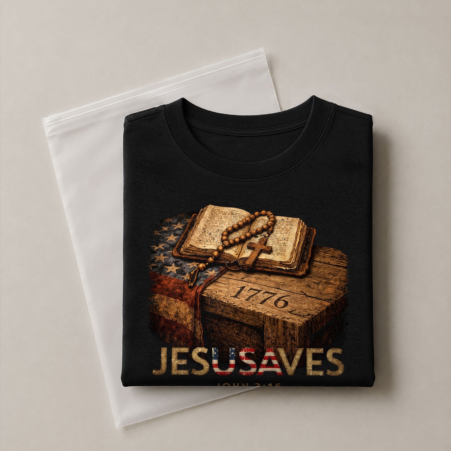 JESUSAVES 1776 Patriotic T-Shirt - Vintage American Flag Graphic Tee - Casual Apparel - Rust Field Wear