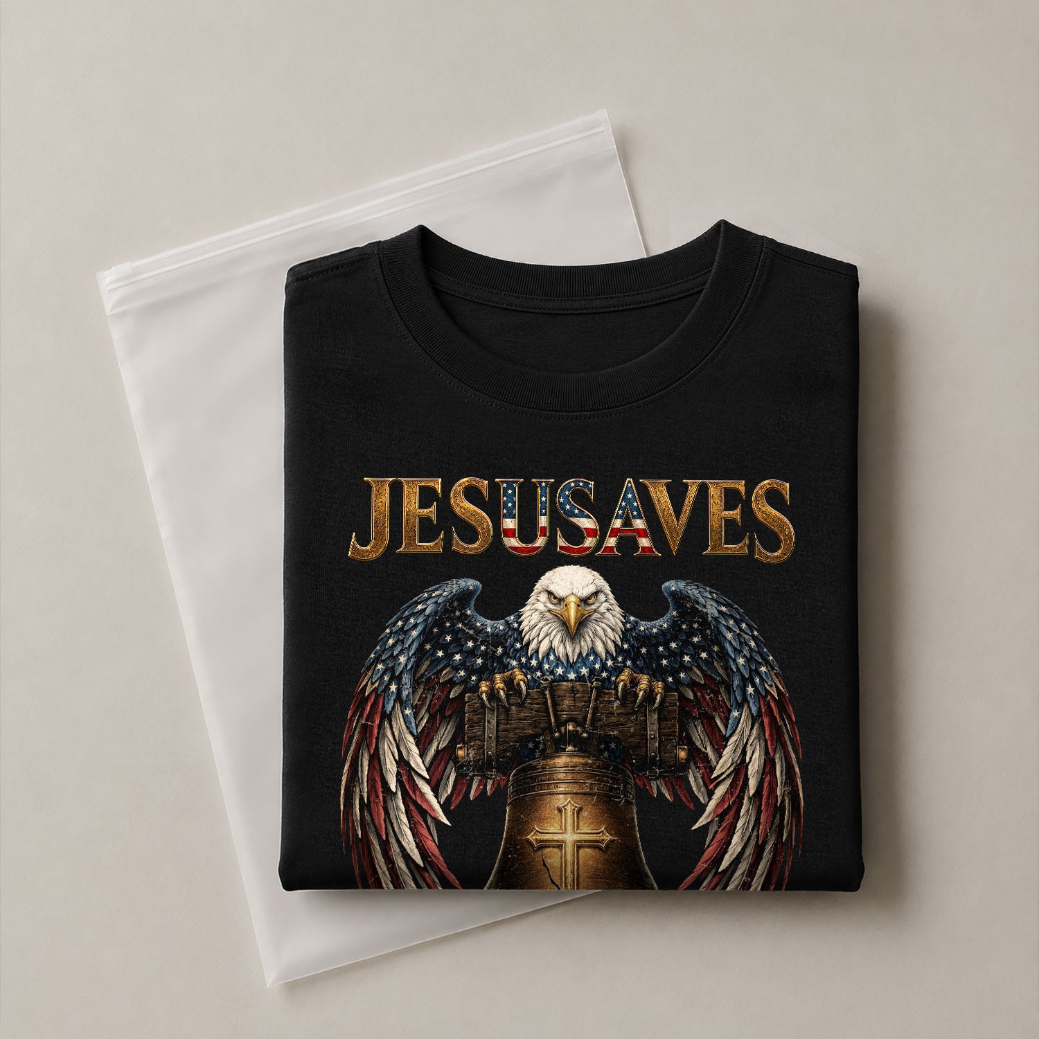 Patriotic JESUSAVES T-Shirt American Eagle Bell Print Stylish Casual Graphic Tee - Rust Field Wear