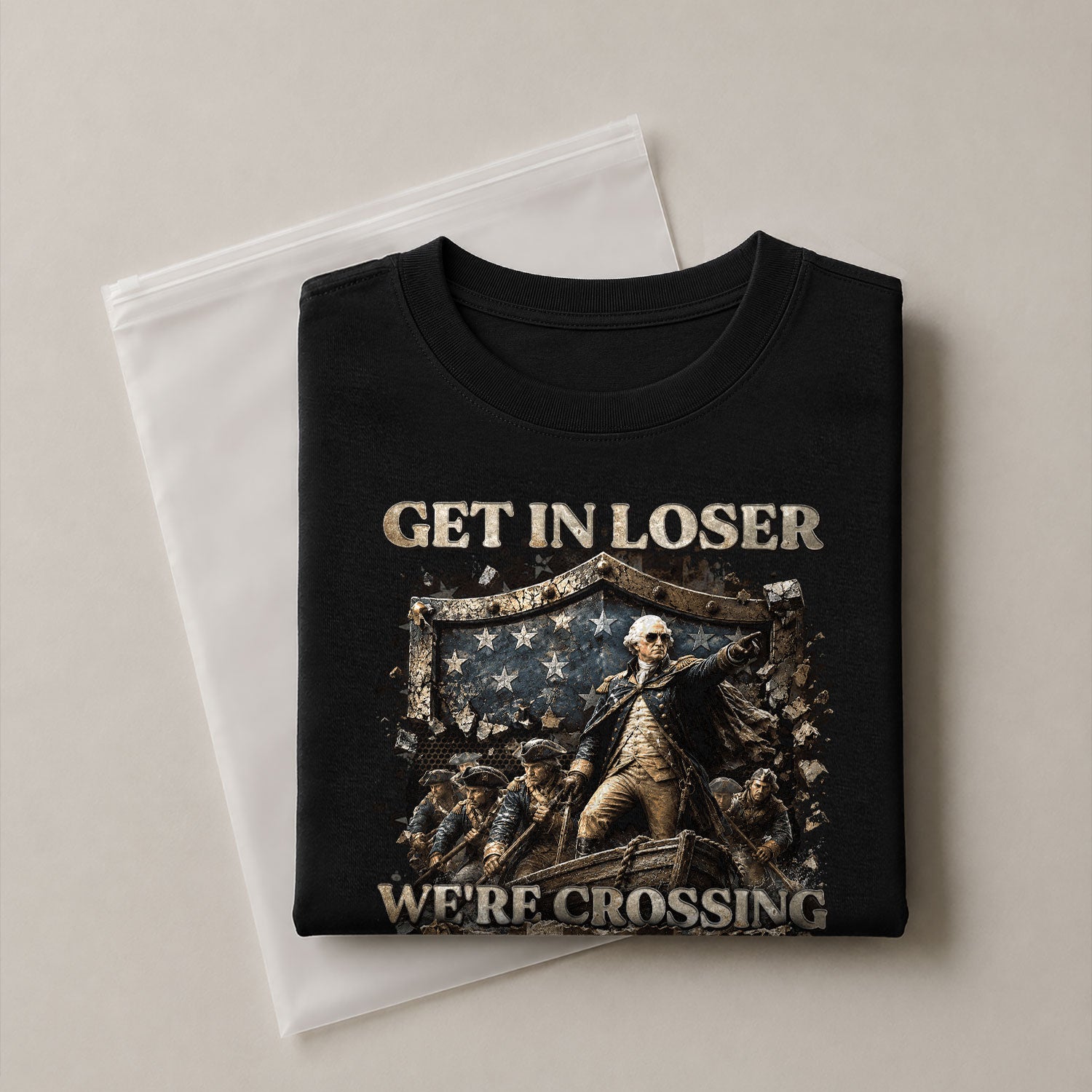 Get In Loser We're Crossing The Delaware T-Shirt George Washington Patriotic Sleeve Tee - Rust Field Wear