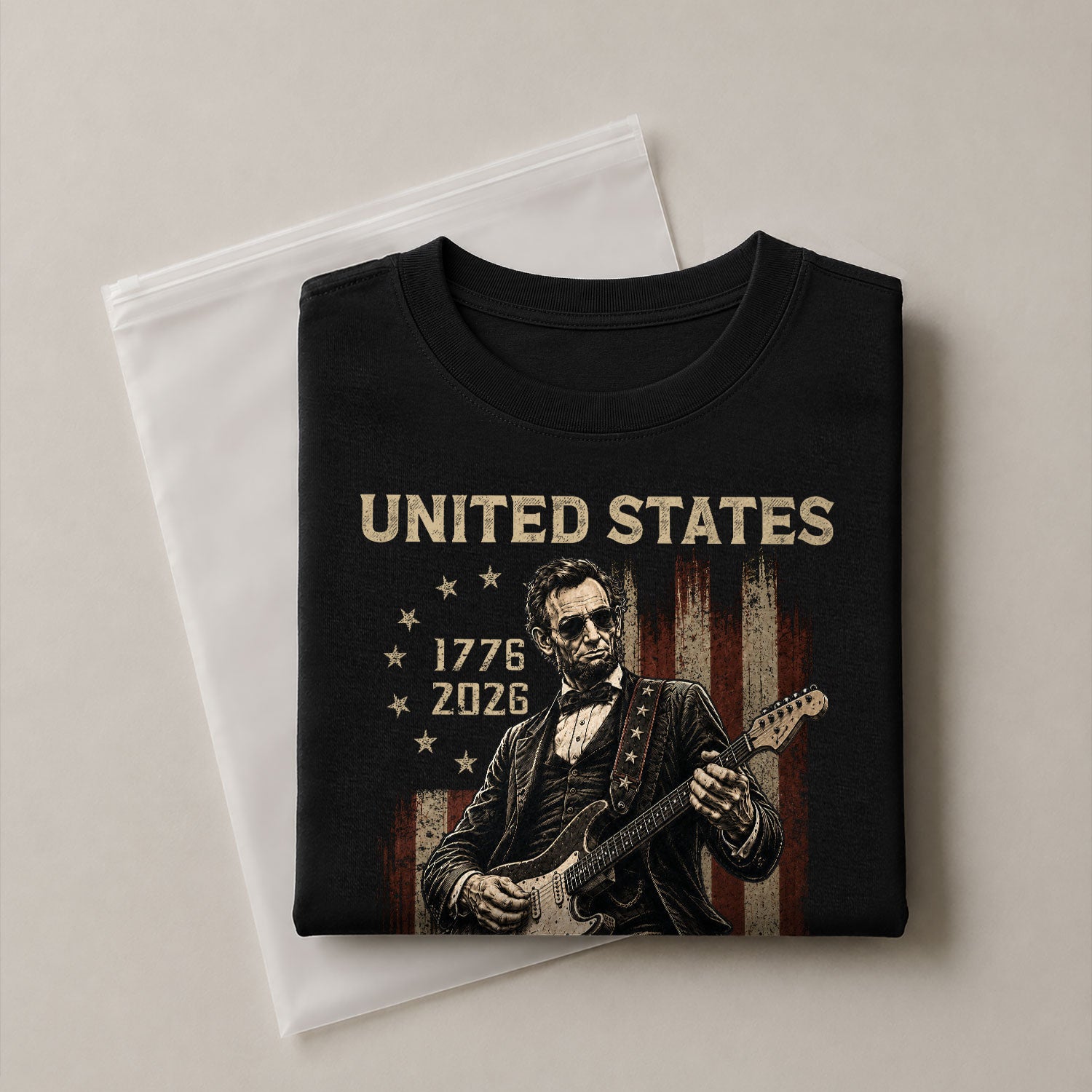 Lincoln Rock Guitar Shirt 1776 2026 Vintage American Flag Patriotic Graphic Tee Men - Rust Field Wear