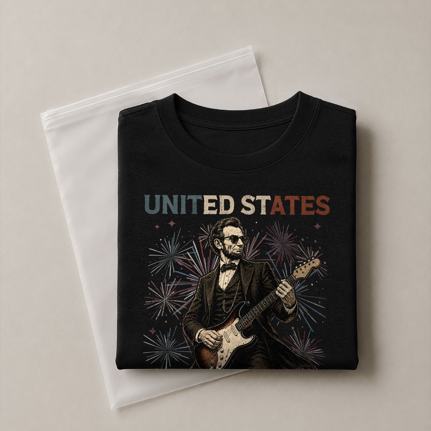 Lincoln Rock Guitar Shirt 1776 2026 Patriotic Fireworks We The People Graphic Tee - Rust Field Wear