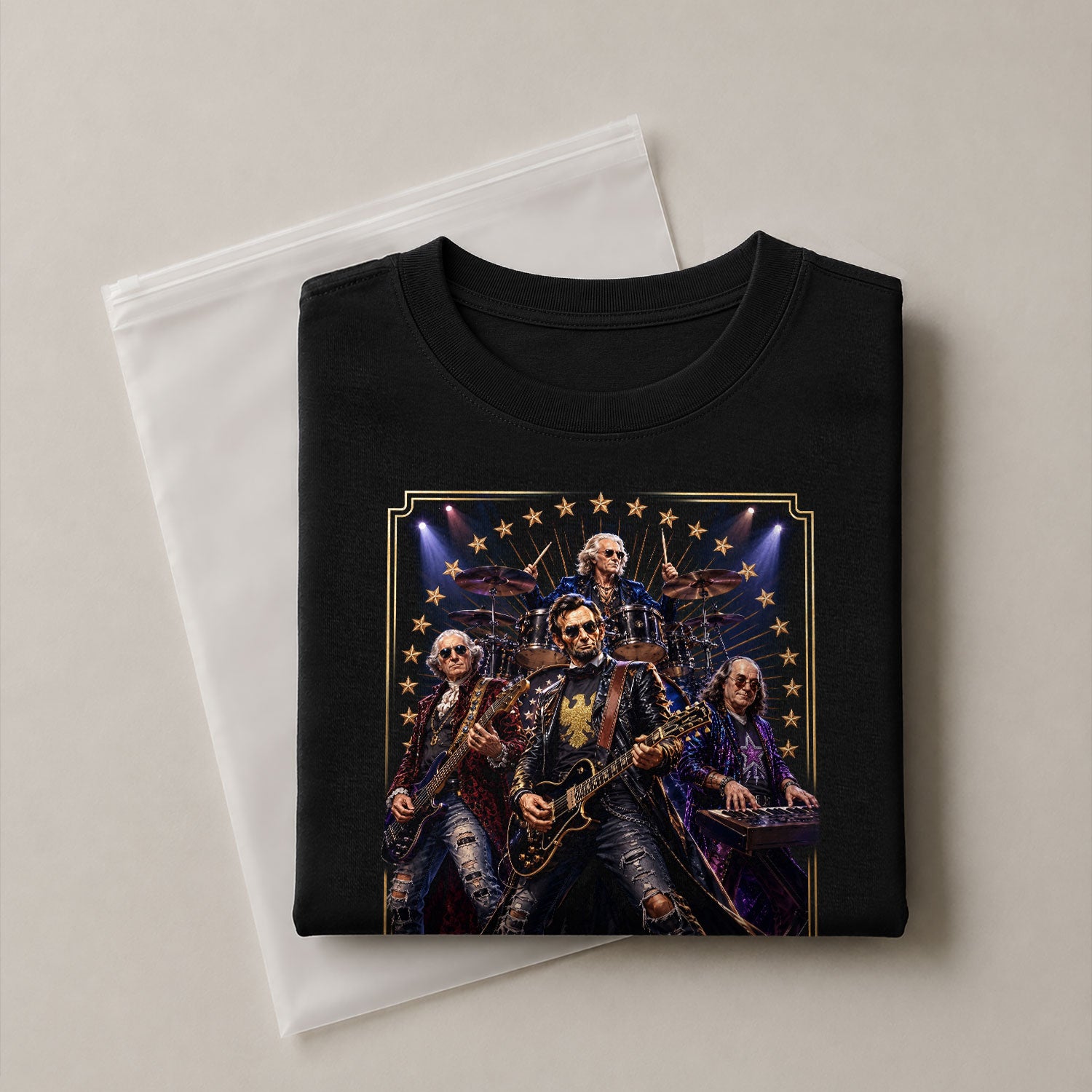 Patriotic Lincoln Guitar Player T-Shirt Vintage Rock Band Graphic Sleeve Tee - Rust Field Wear