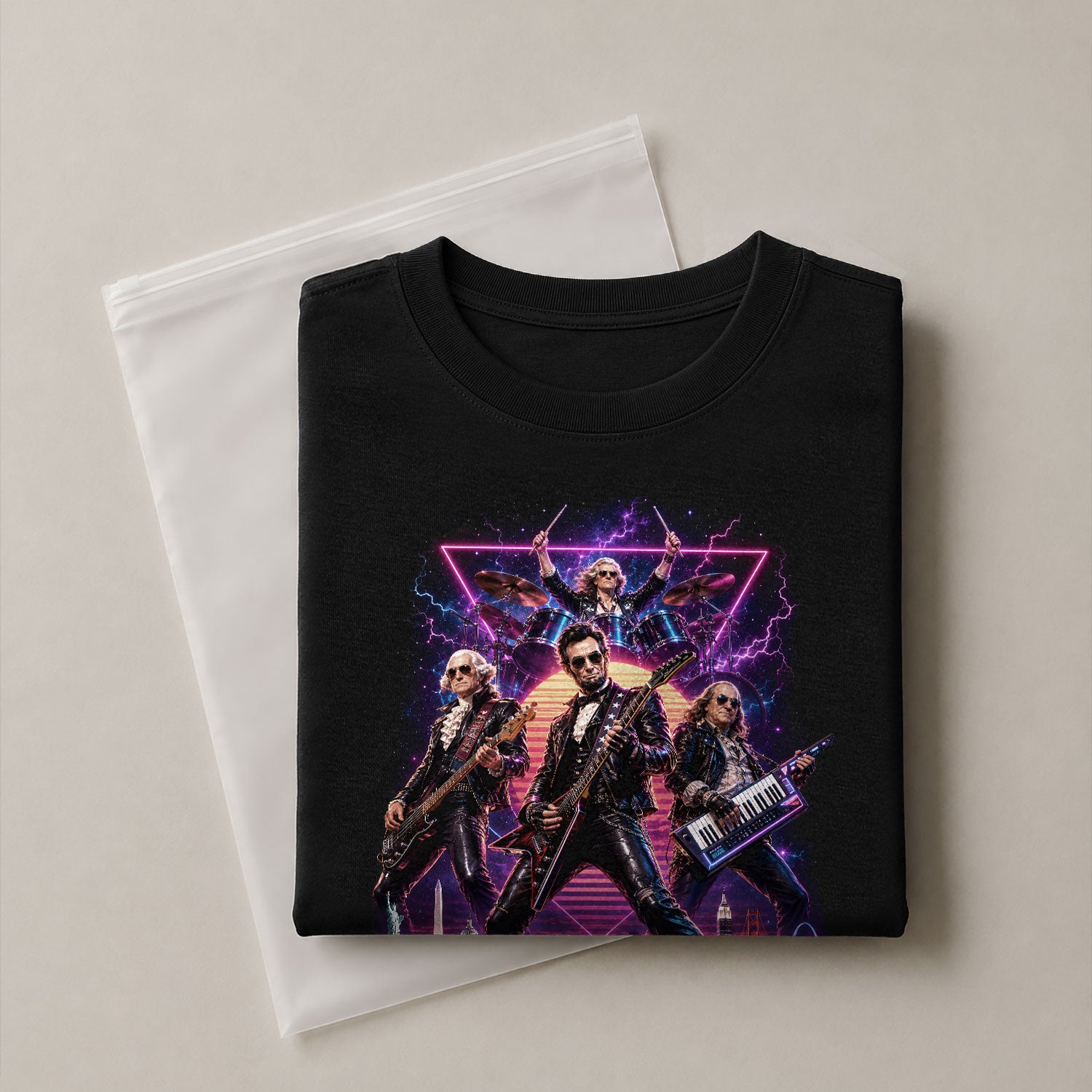 Retro Lincoln Guitar Player T-Shirt Neon Synthwave Rock Band Graphic Tee Gift - Rust Field Wear