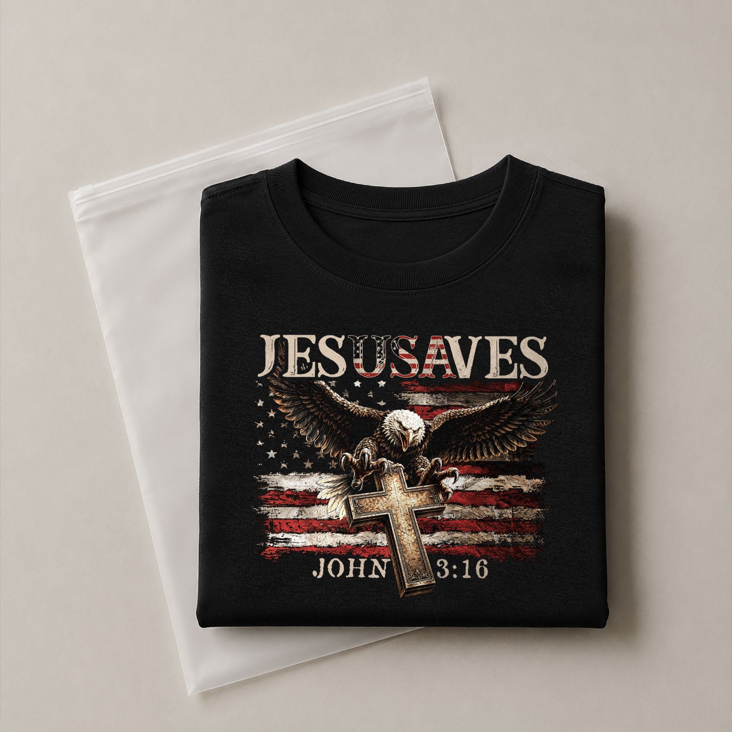 JESUSAVES T-Shirt Patriotic American Flag Bald Eagle Christian John 3:16 Religious Tee - Rust Field Wear