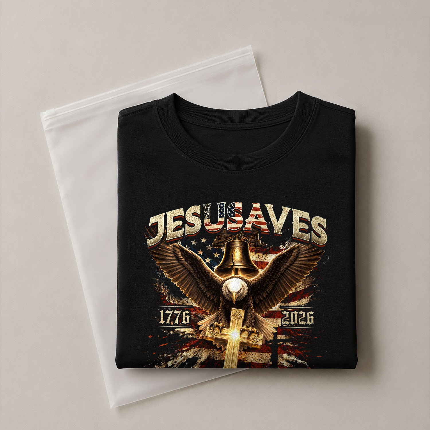 JESUSAVES T-Shirt Patriotic 1776 2026 Liberty Bell Bald Eagle Christian Cross Tee - Rust Field Wear