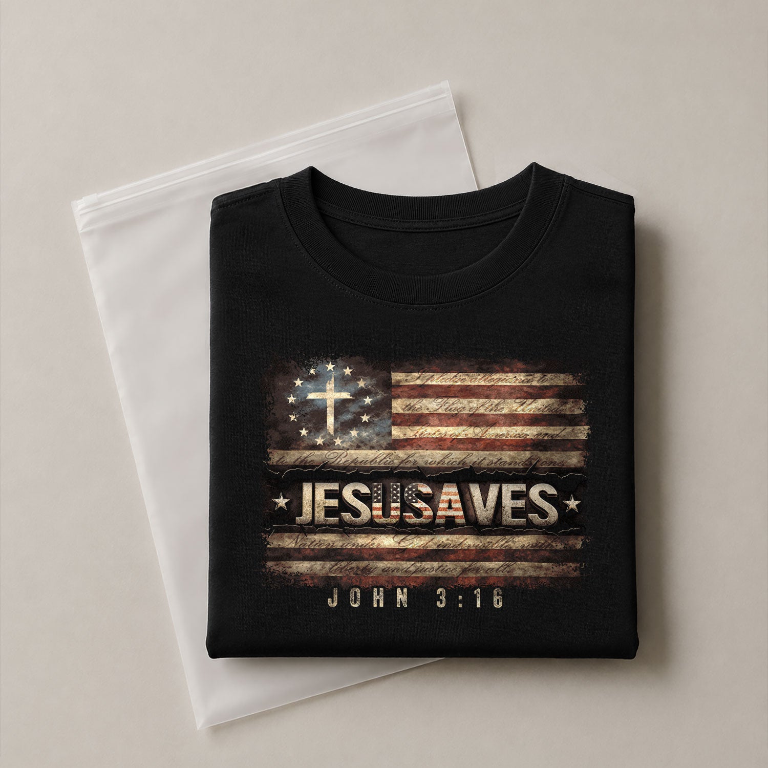 JESUSAVES T-Shirt John 3:16 Pledge of Allegiance Christian Cross Patriotic US Flag Tee - Rust Field Wear