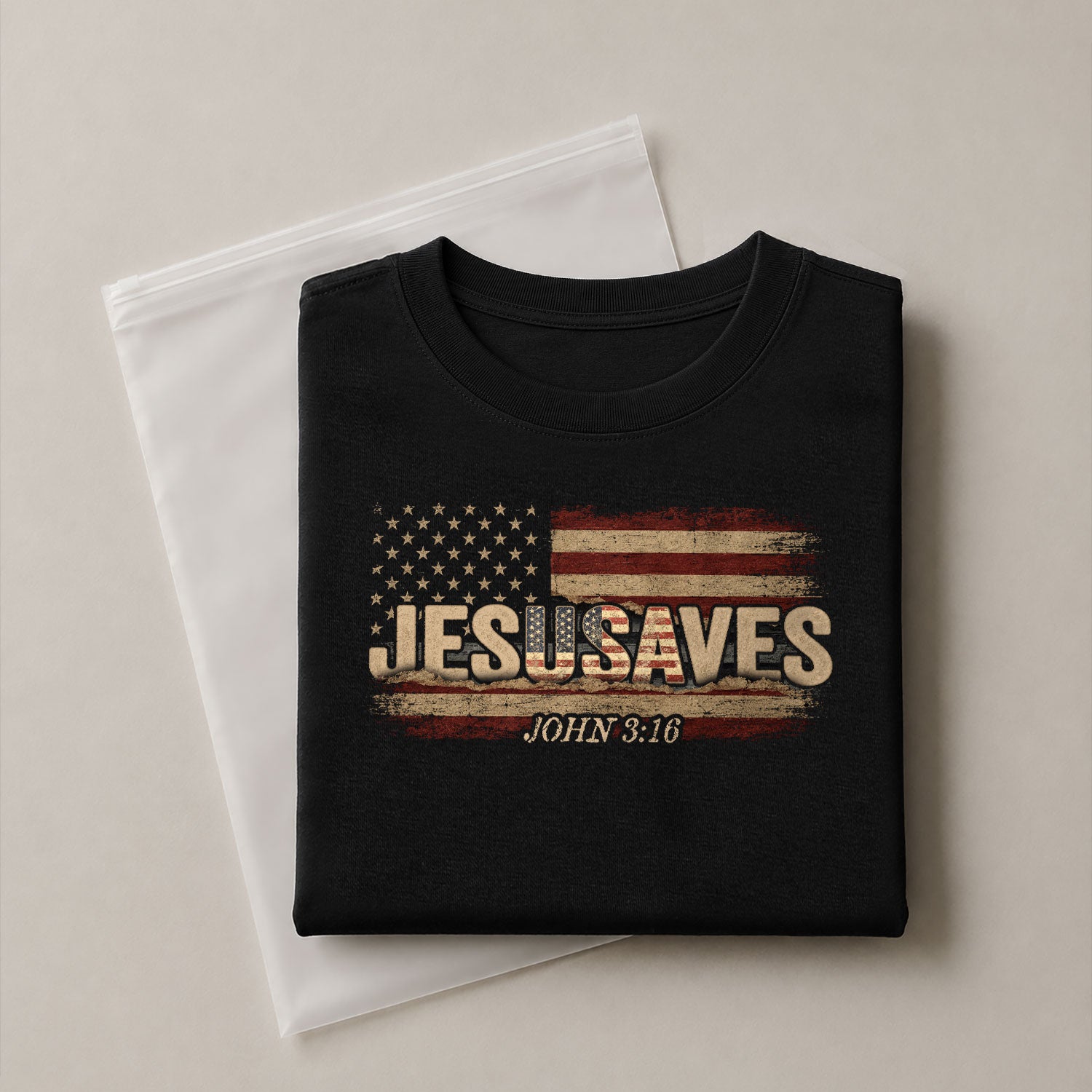 JESUSAVES T-Shirt John 3:16 Patriotic American Flag Distressed Christian Faith Tee - Rust Field Wear