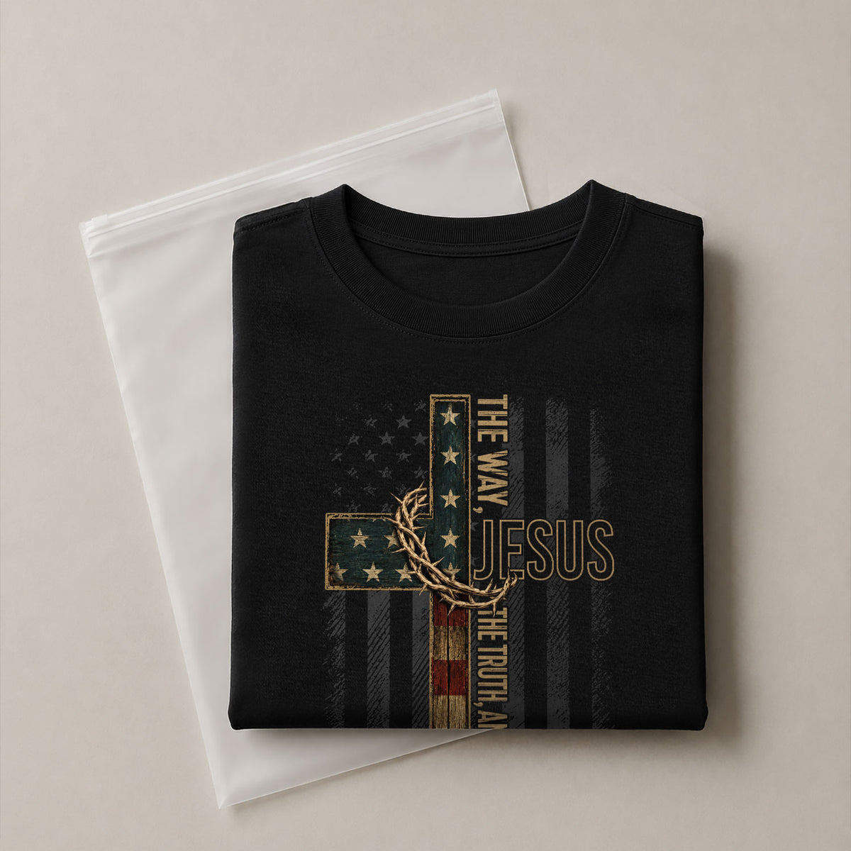 Jesus The Way The Truth And The Life American Flag Cross Crown Of Thorns T Shirt Men - Rust Field Wear