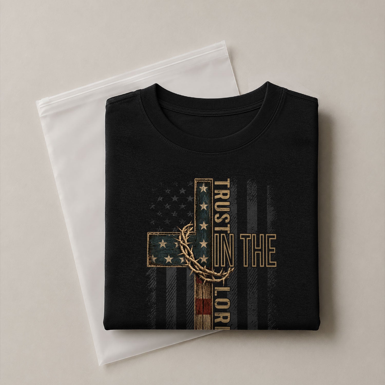 Trust In The Lord Proverbs American Flag Crown Of Thorns Christian Graphic T Shirt Men - Rust Field Wear