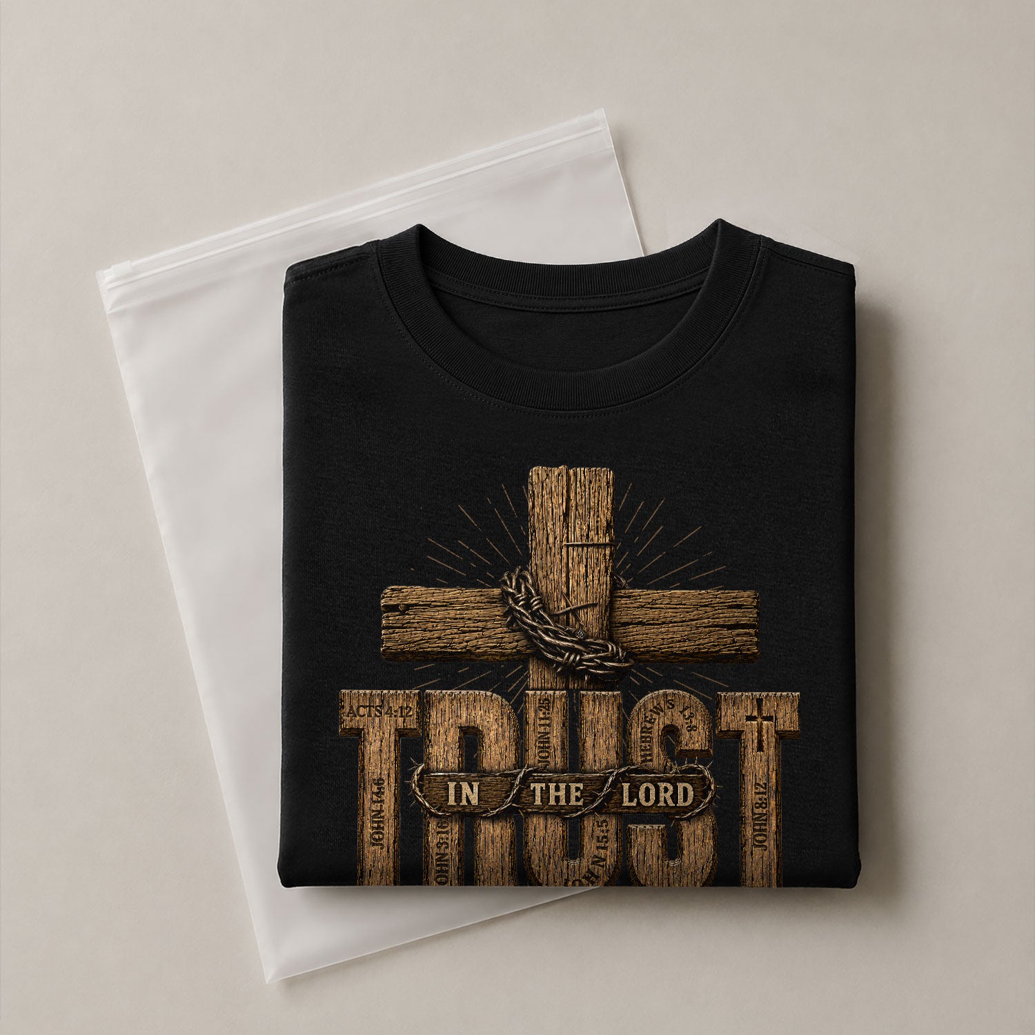 Trust In The Lord Mens Christian Shirt Wooden Cross Bible Verse Graphic T-Shirt - Rust Field Wear