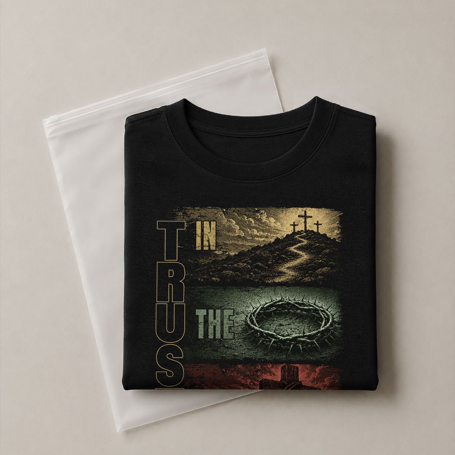 Trust In The Lord Shirt Mens Christian Calvary Cross Crown Thorns Religious Tee - Rust Field Wear