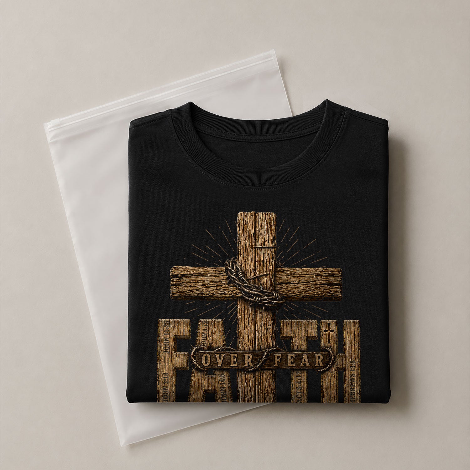 Faith Over Fear Wood Cross Scripture Christian Graphic Tee Shirt For Men Apparel - Rust Field Wear