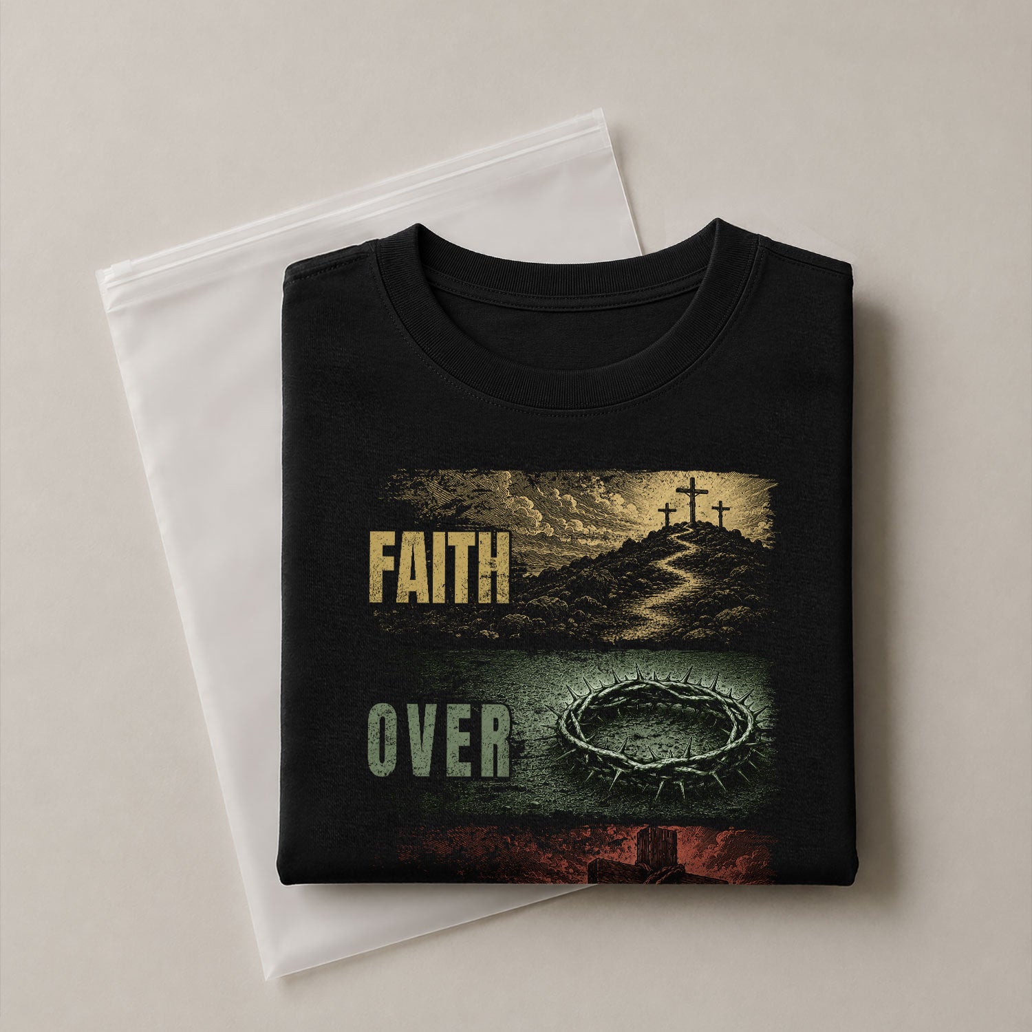 Faith Over Fear Three Panel Cross Crown Of Thorns Christian Graphic Tee Shirt For Men - Rust Field Wear