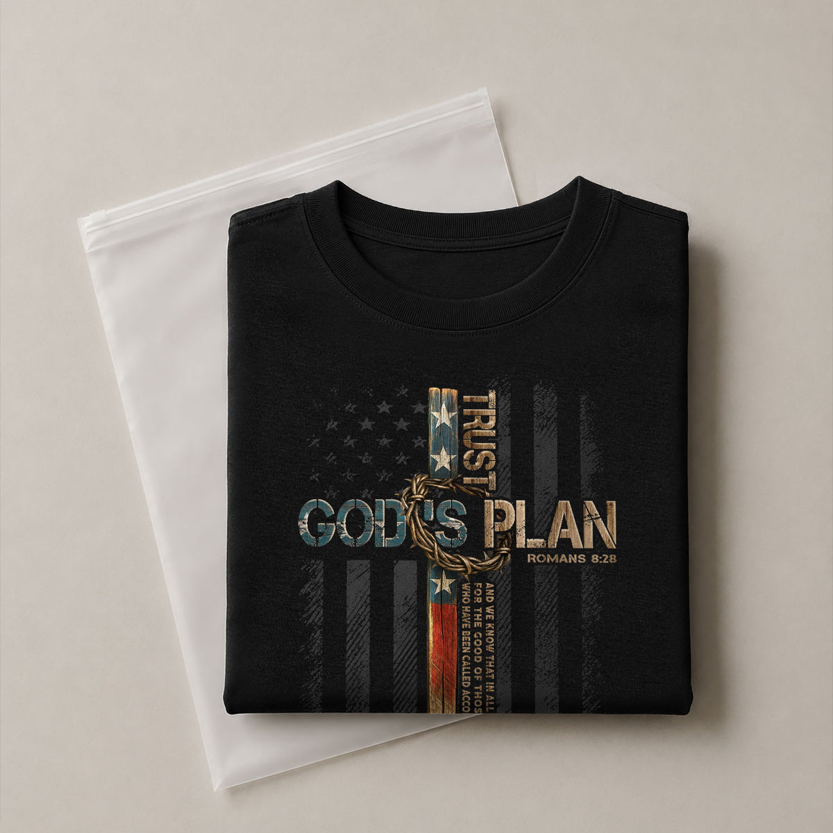 Trust Gods Plan Patriotic Cross Sleeve Print Christian Mens Graphic T Shirt Apparel - Rust Field Wear
