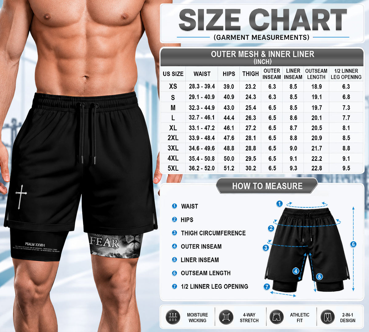 Psalm 27:1 Faith Over Fear Christian Gym Shorts for Men Warrior Cross Design - Rust Field Wear