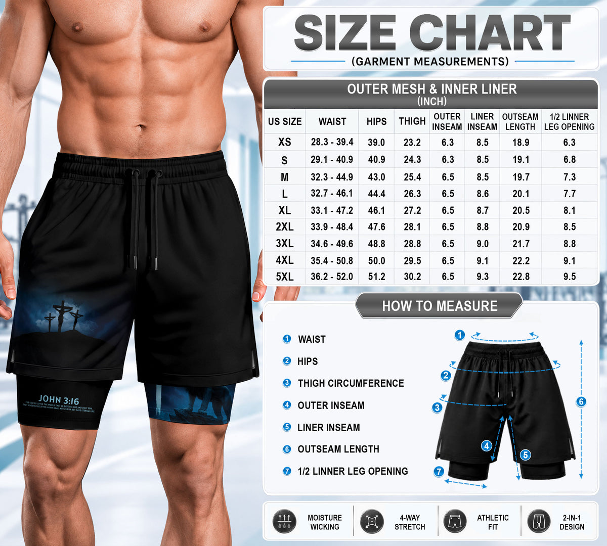 John 3:16 Christian Gym Workout Shorts Men Lion Cross Bible Verse Blue - Rust Field Wear