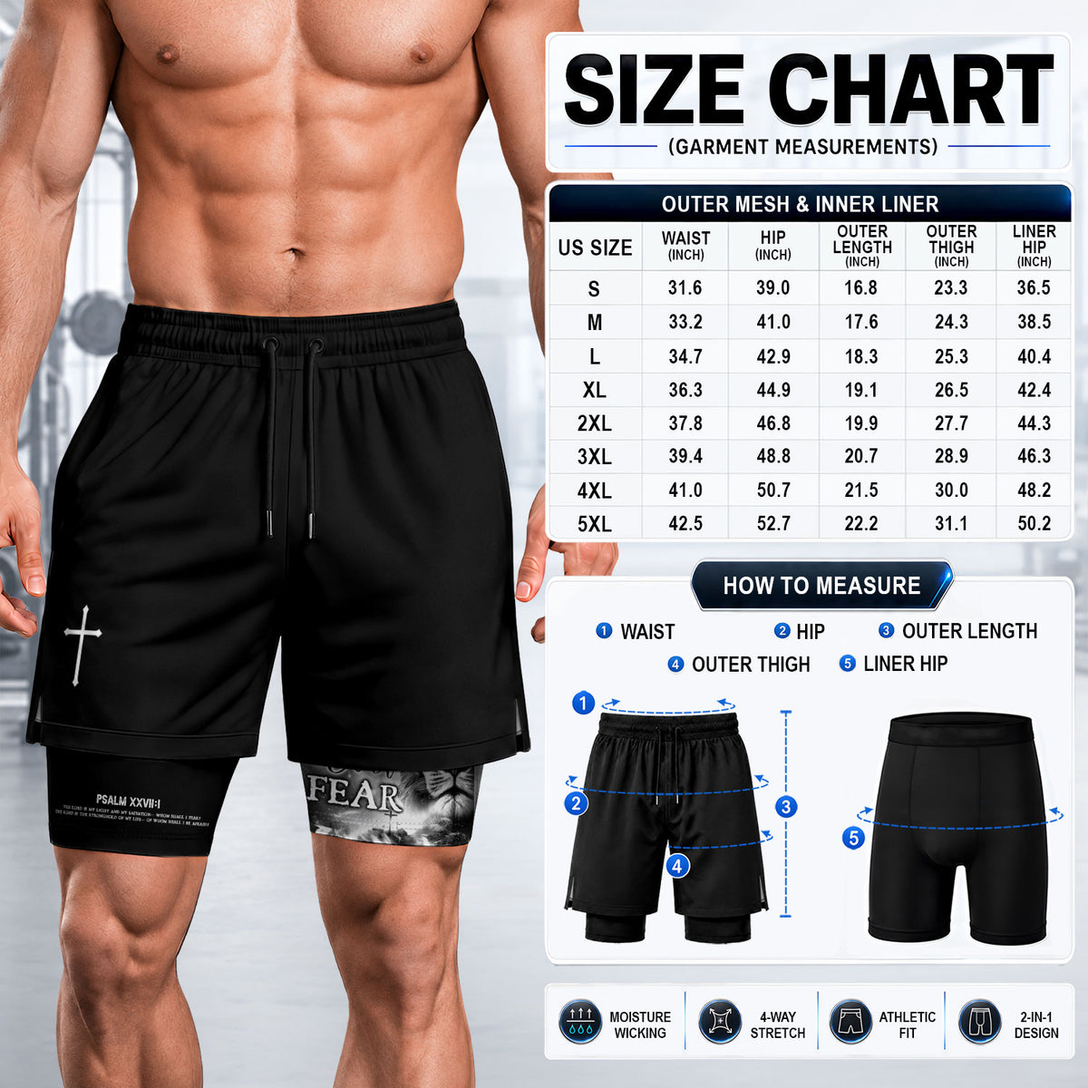 Psalm 27:1 Faith Over Fear Christian Gym Shorts for Men Warrior Cross Design - Rust Field Wear