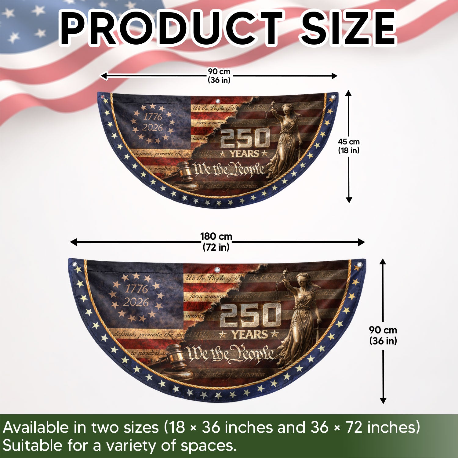 We The People Fence Flag Lady Justice & Gavel 250 Years Patriotic - 1776-2026 Decor - Rust Field Wear