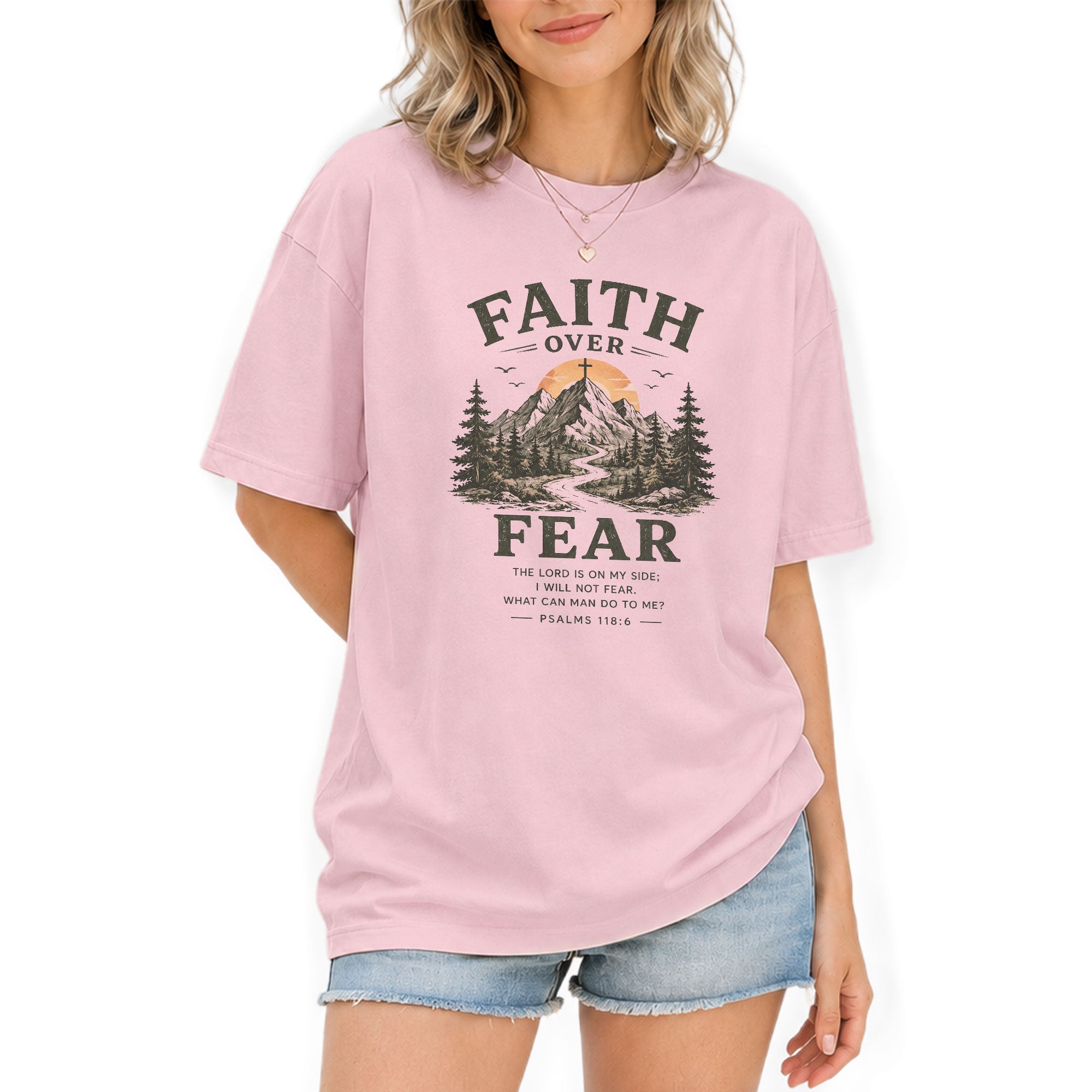 Faith Over Fear Christian Women Shirt Mountain Cross Graphic Inspirational Faith Tee - Rust Field Wear