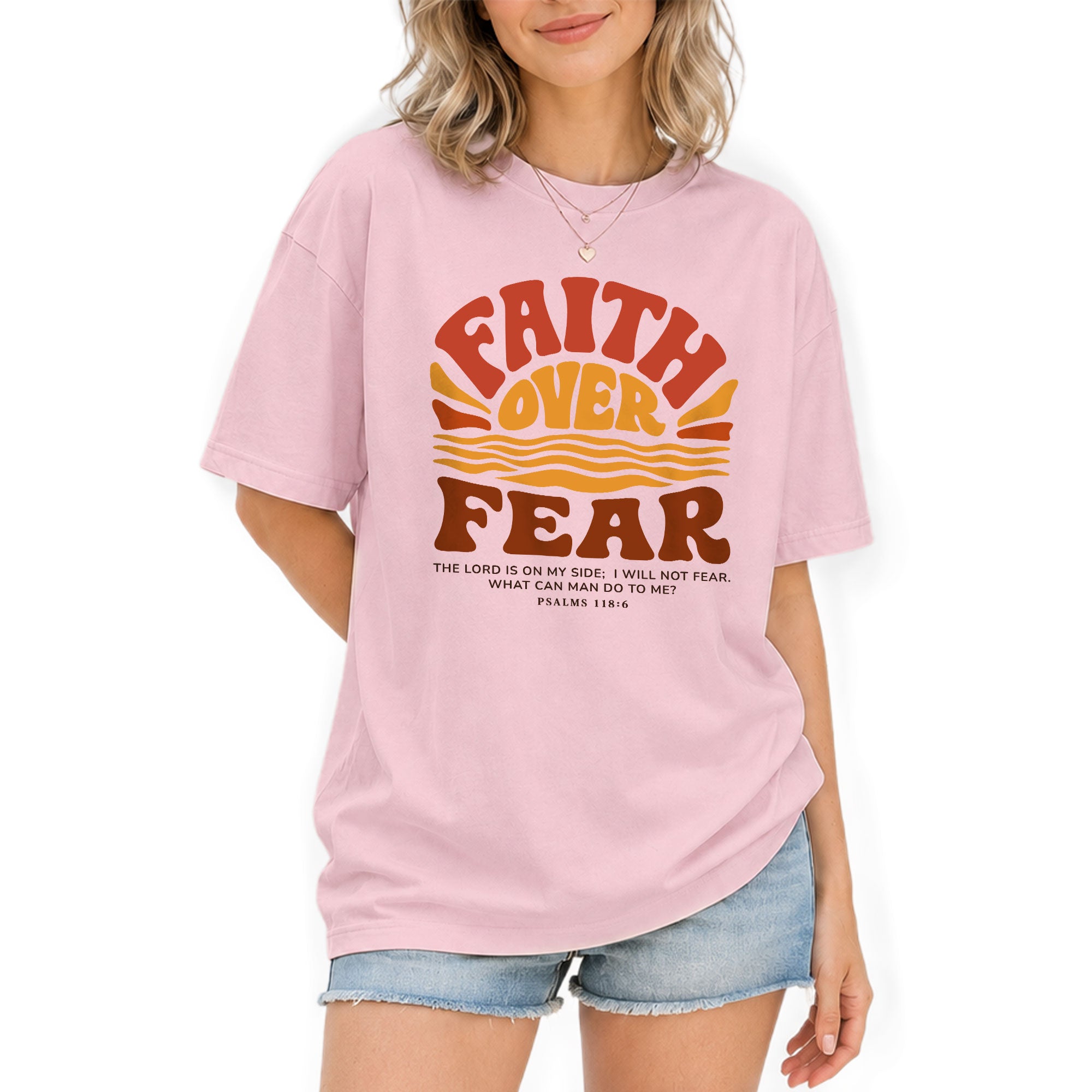 Faith Over Fear Christian Women Shirt Retro Sunset Graphic Inspirational Scripture Tee - Rust Field Wear