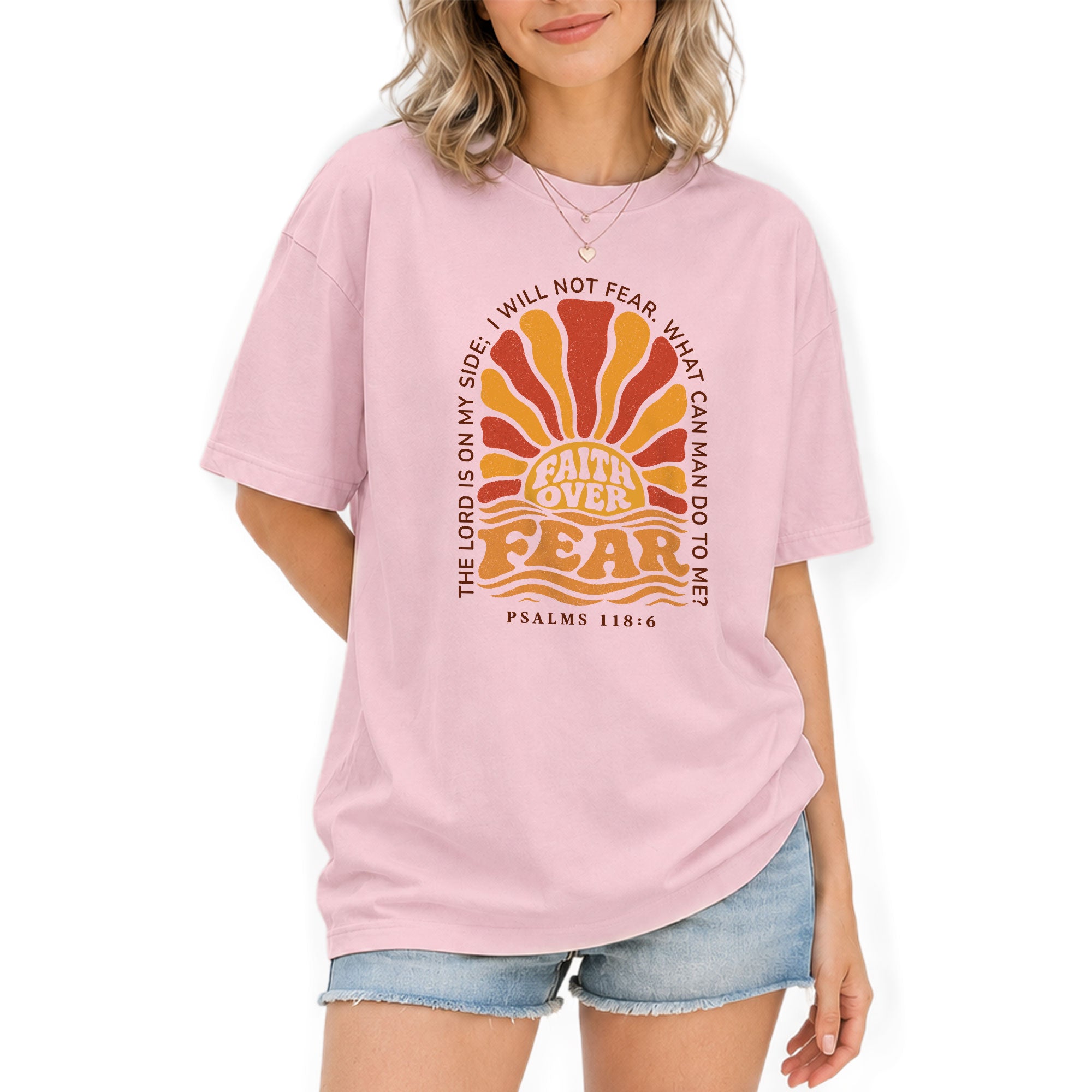 Faith Over Fear Christian Shirt Retro Sunburst Bible Verse Women T-Shirt Tee Gift - Rust Field Wear