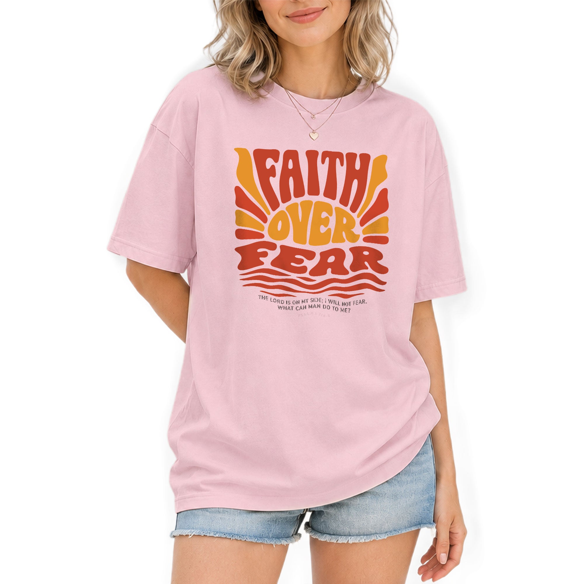 Faith Over Fear Christian Women Shirt Retro Wavy Font Graphic T-Shirt Psalms 118:6 - Rust Field Wear