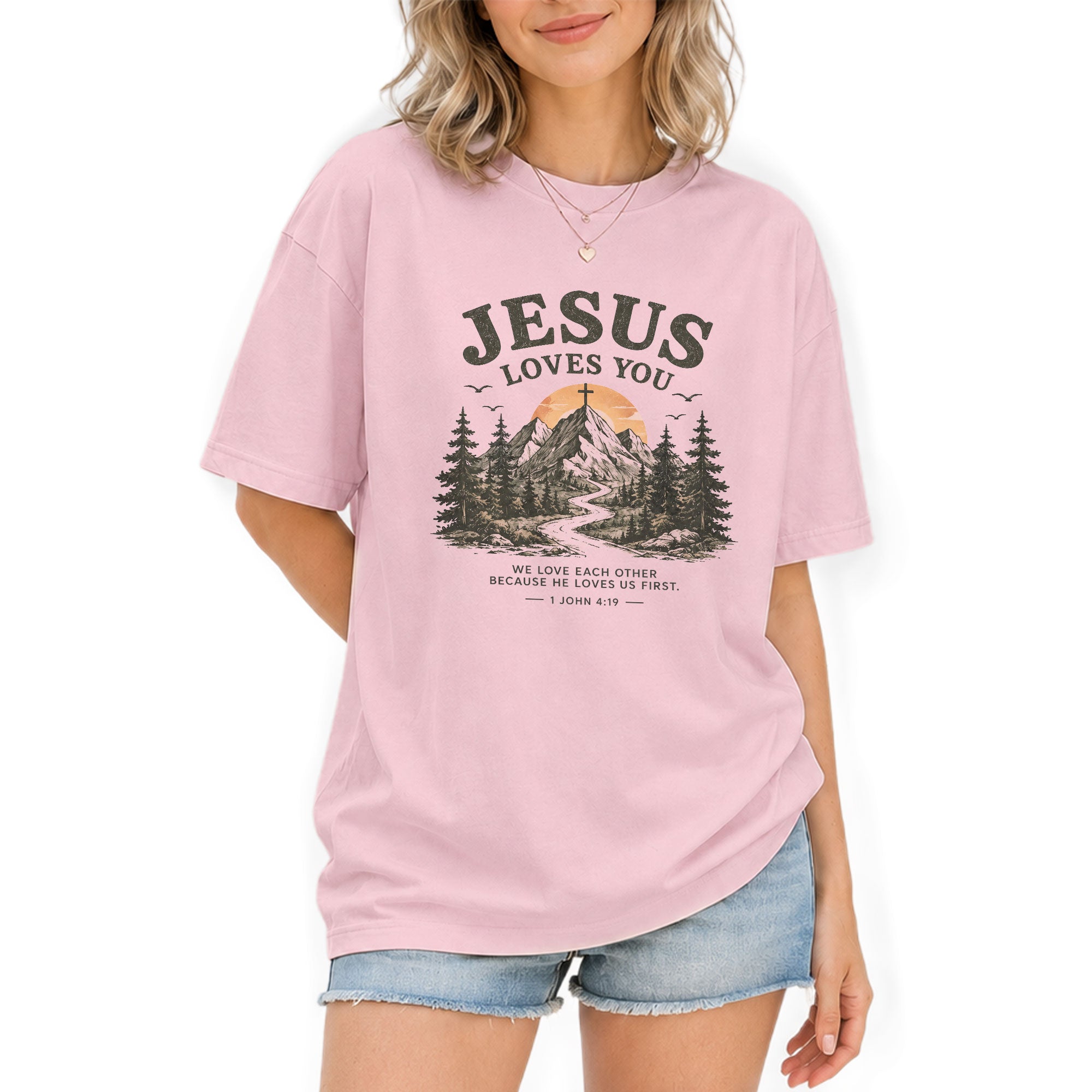 Jesus Loves You Shirt Mountain Christian Sunset Cross 1 John 4 19 Faith Graphic Tee - Rust Field Wear