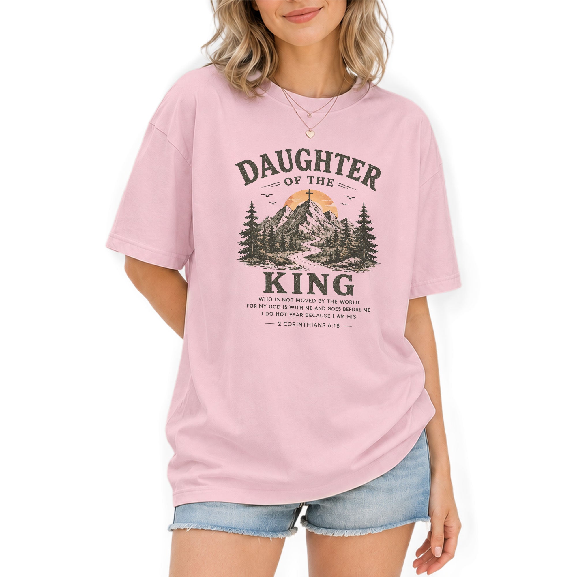 Daughter Of The King Mountain Cross 2 Corinthians 6 18 Graphic Christian T Shirt Women - Rust Field Wear