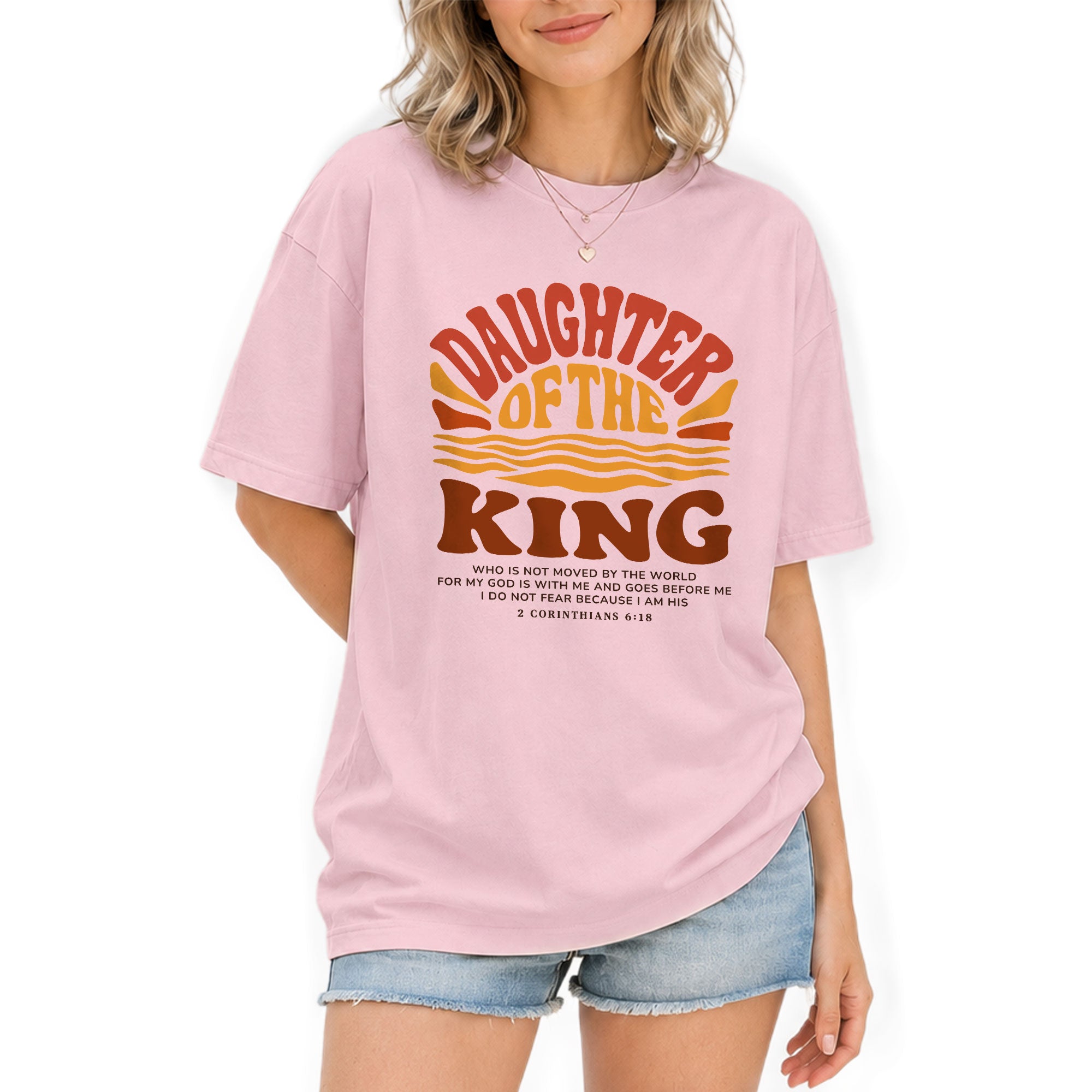 Daughter Of The King Retro Sunset Waves 2 Corinthians 6 18 Christian T Shirt Women - Rust Field Wear