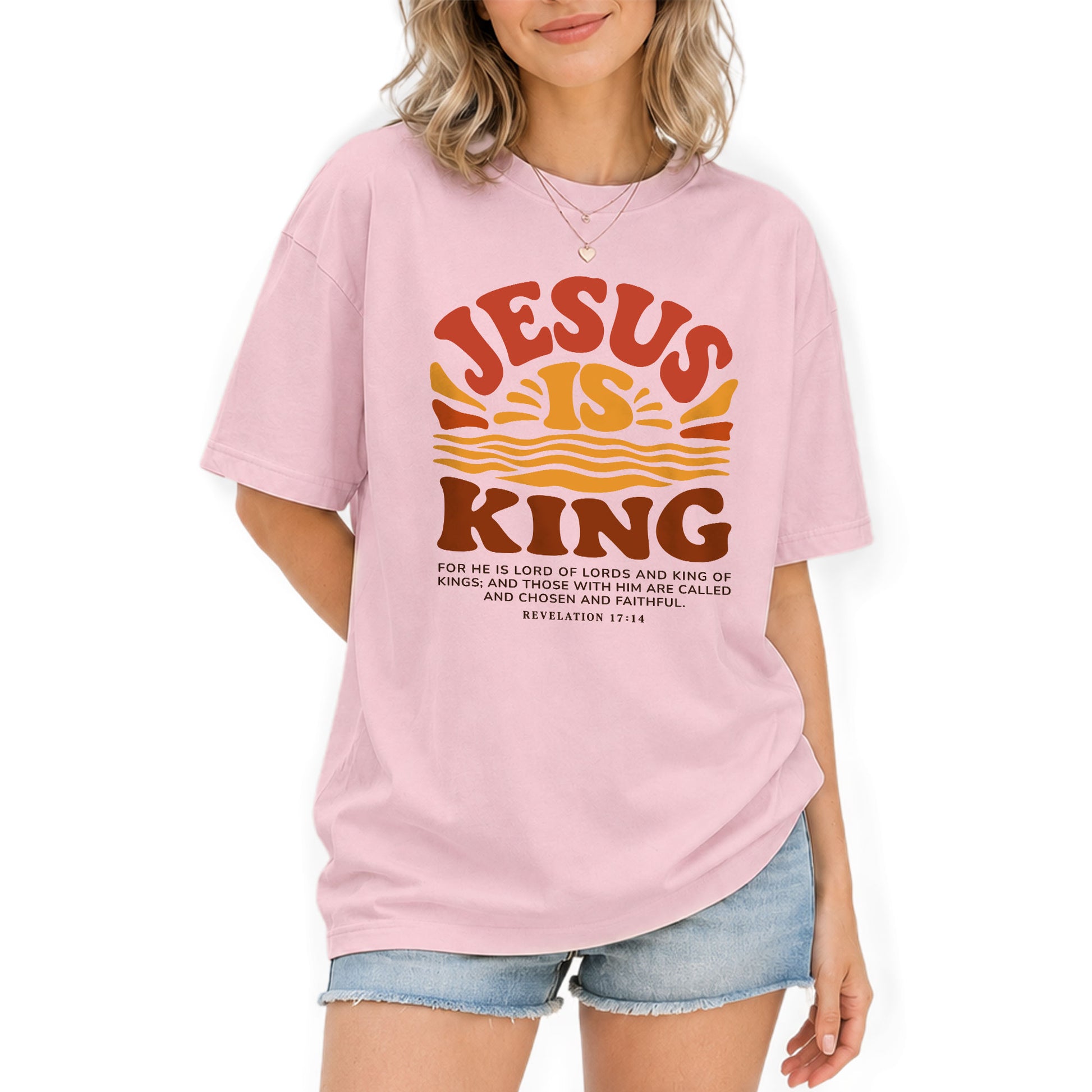 Jesus Is King Retro Sunset Waves Revelation 17 14 Graphic Christian T Shirt Women - Rust Field Wear