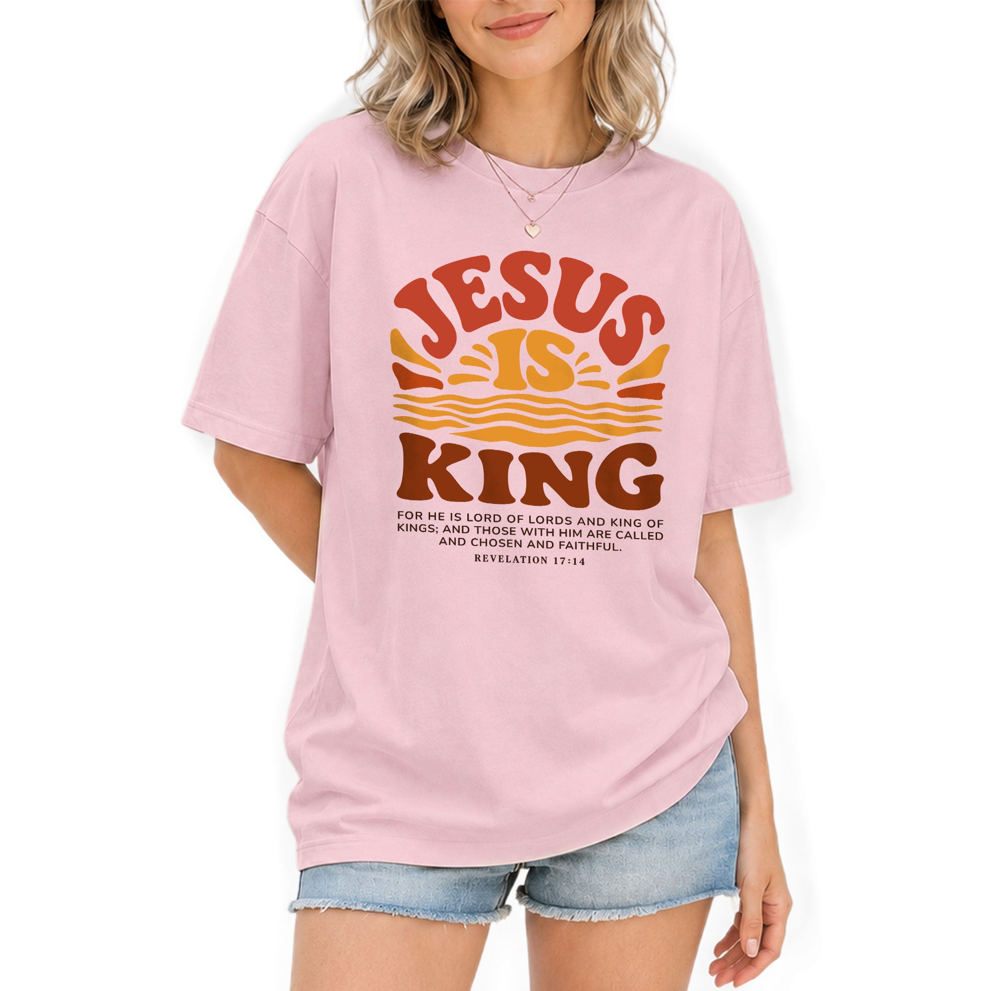 Jesus Is King Retro Sunset Waves Revelation 17 14 Graphic Christian T Shirt Women - Rust Field Wear