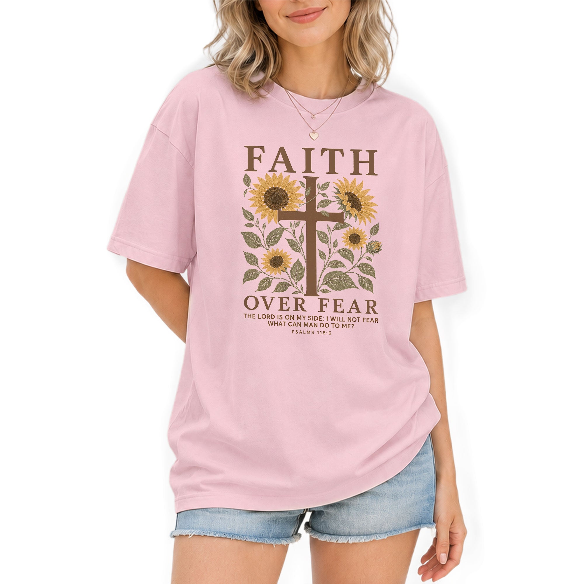 Faith Over Fear Shirt Christian Women Sunflower Cross Shirt Psalm 118 Bible Verse Floral Tee - Rust Field Wear